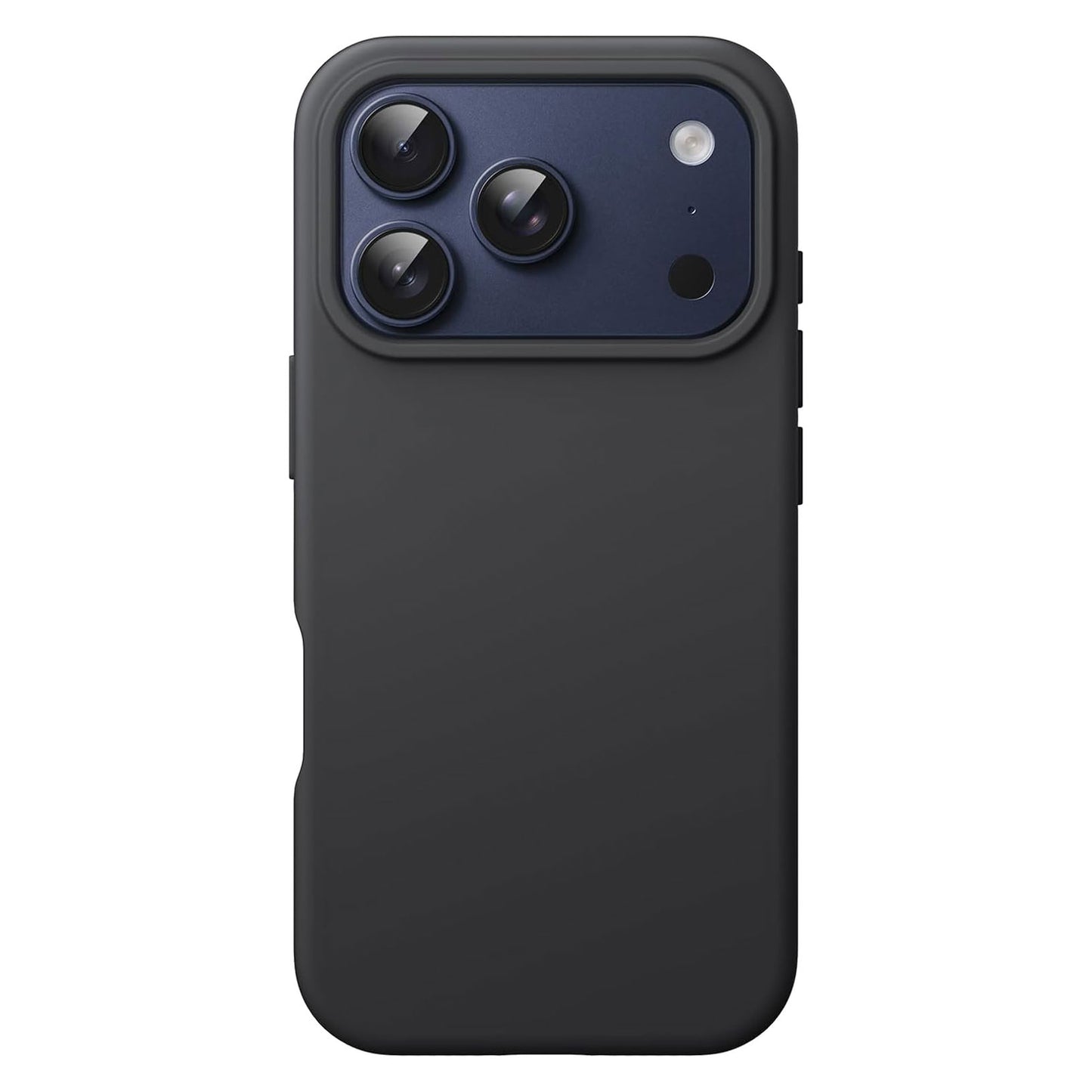 Elegantes schwarzes Smartphone mit mattem Finish, dreifacher Rückseitenkamera, unterstützt kabelloses Laden; perfekt passend zum arktis iPhone 17 Pro Silikon Case von arktis.