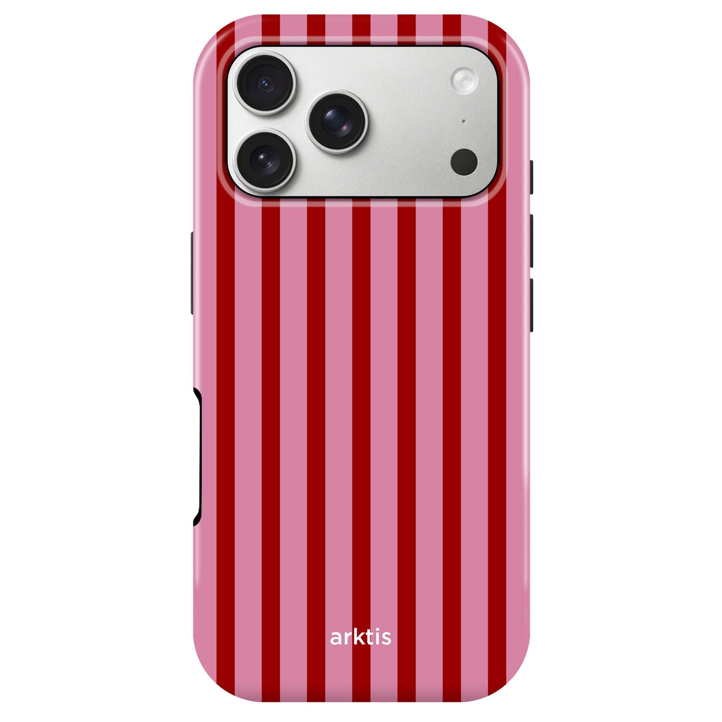 Die arktis iPhone 17 Pro Hülle - Stripes verfügt über rote und pinke vertikale Streifen, stoßabsorbierendes TPU-Silikon, drei Kameraausschnitte, "arktis" Branding an der Unterseite und ist MagSafe kompatibel.