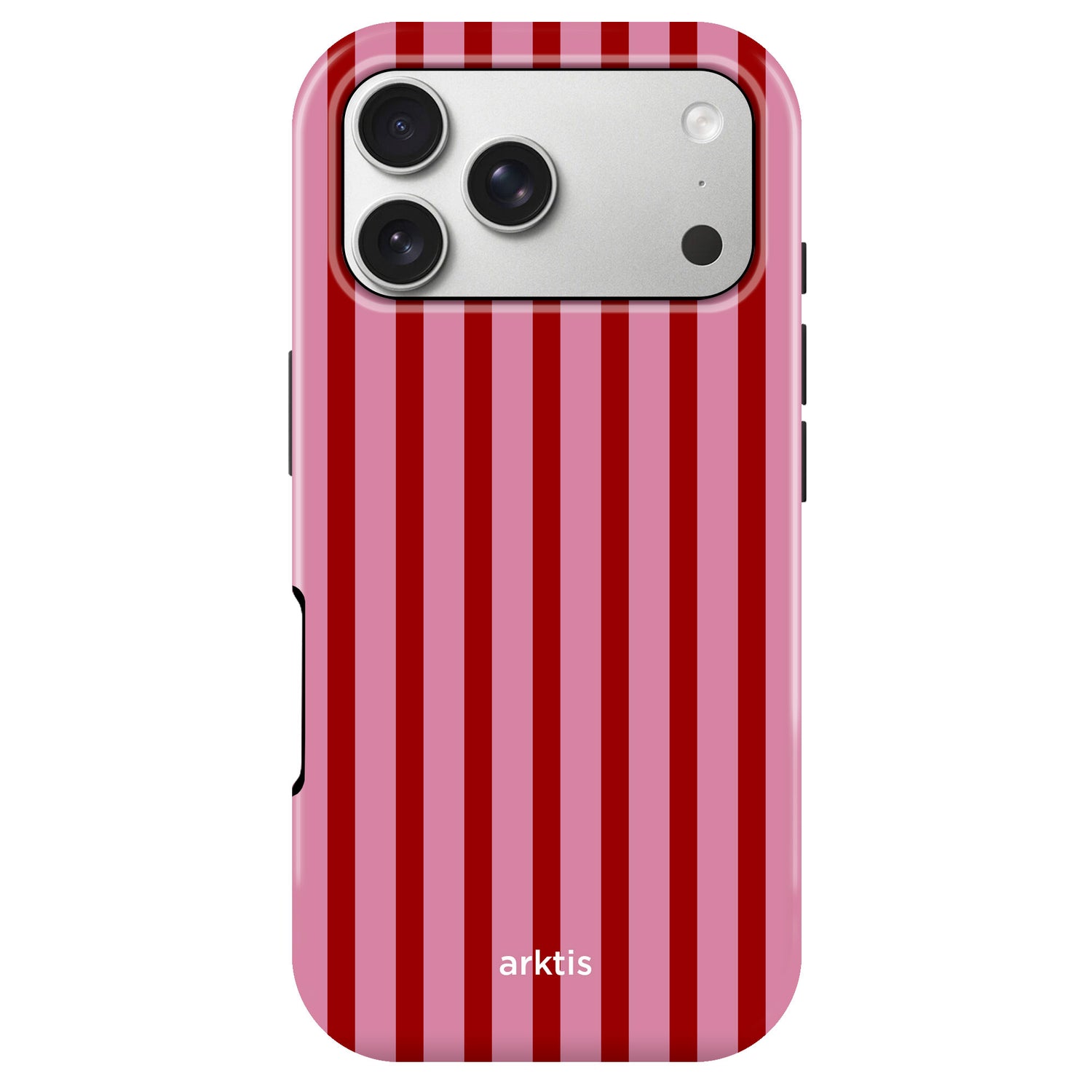 Die arktis iPhone 17 Pro Hülle - Stripes verfügt über rote und pinke vertikale Streifen, stoßabsorbierendes TPU-Silikon, drei Kameraausschnitte, "arktis" Branding an der Unterseite und ist MagSafe kompatibel.