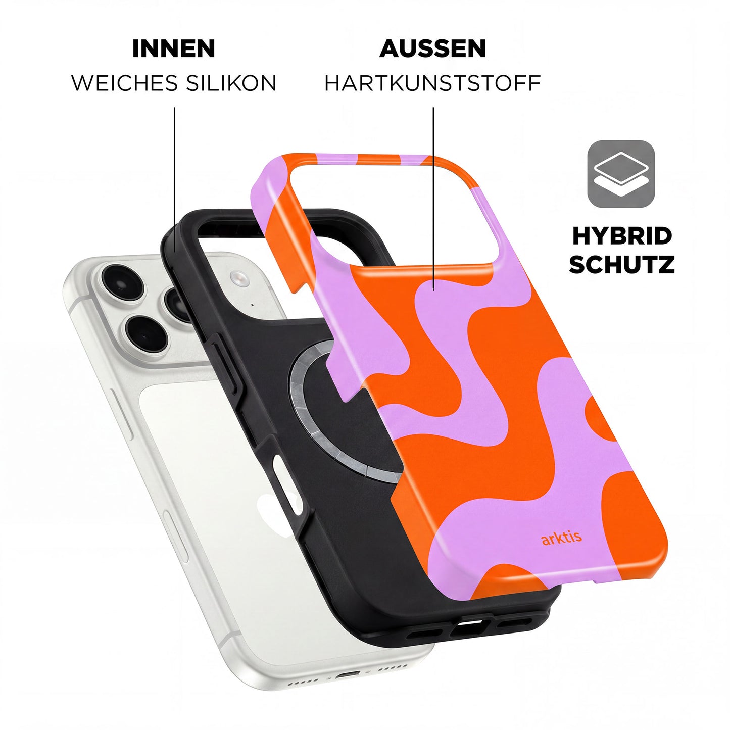 Explosionszeichnung der arktis iPhone 17 Pro Max Hülle - Knokke Queen zeigt stoßabsorbierendes TPU-Silikon innen, Hartplastik außen, MagSafe kompatibel, mit deutschen Beschriftungen.
