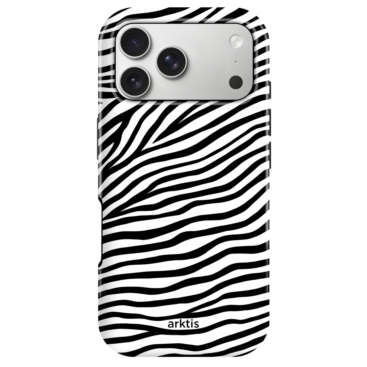 Die arktis iPhone 17 Pro Hülle - Zebra ist eine zebragestreifte, MagSafe-kompatible TPU-Silikonhülle mit drei Kameraausschnitten und dem arktis-Logo an der Unterseite.