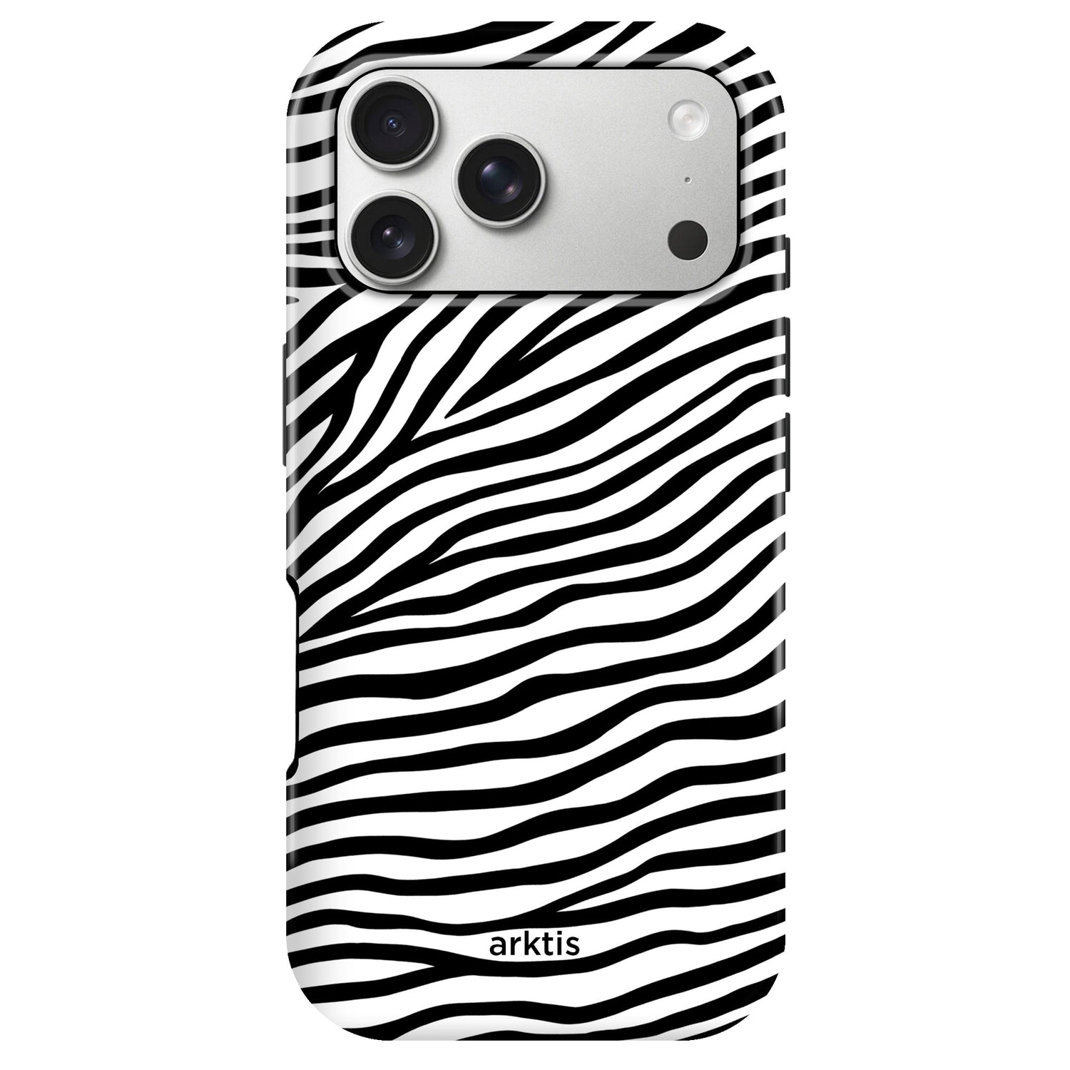 Die arktis iPhone 17 Pro Hülle - Zebra ist eine zebragestreifte, MagSafe-kompatible TPU-Silikonhülle mit drei Kameraausschnitten und dem arktis-Logo an der Unterseite.