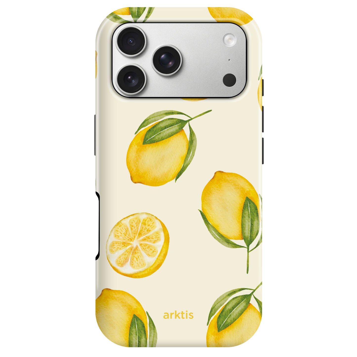 Die arktis iPhone 17 Pro Hülle - Lemon von arktis bietet stoßabsorbierendes TPU, MagSafe-Kompatibilität und überzeugt mit einem Muster aus ganzen Zitronen, Zitronenscheiben sowie grünen Blättern.