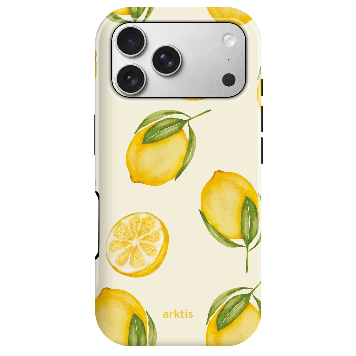Die arktis iPhone 17 Pro Hülle - Lemon von arktis bietet stoßabsorbierendes TPU, MagSafe-Kompatibilität und überzeugt mit einem Muster aus ganzen Zitronen, Zitronenscheiben sowie grünen Blättern.
