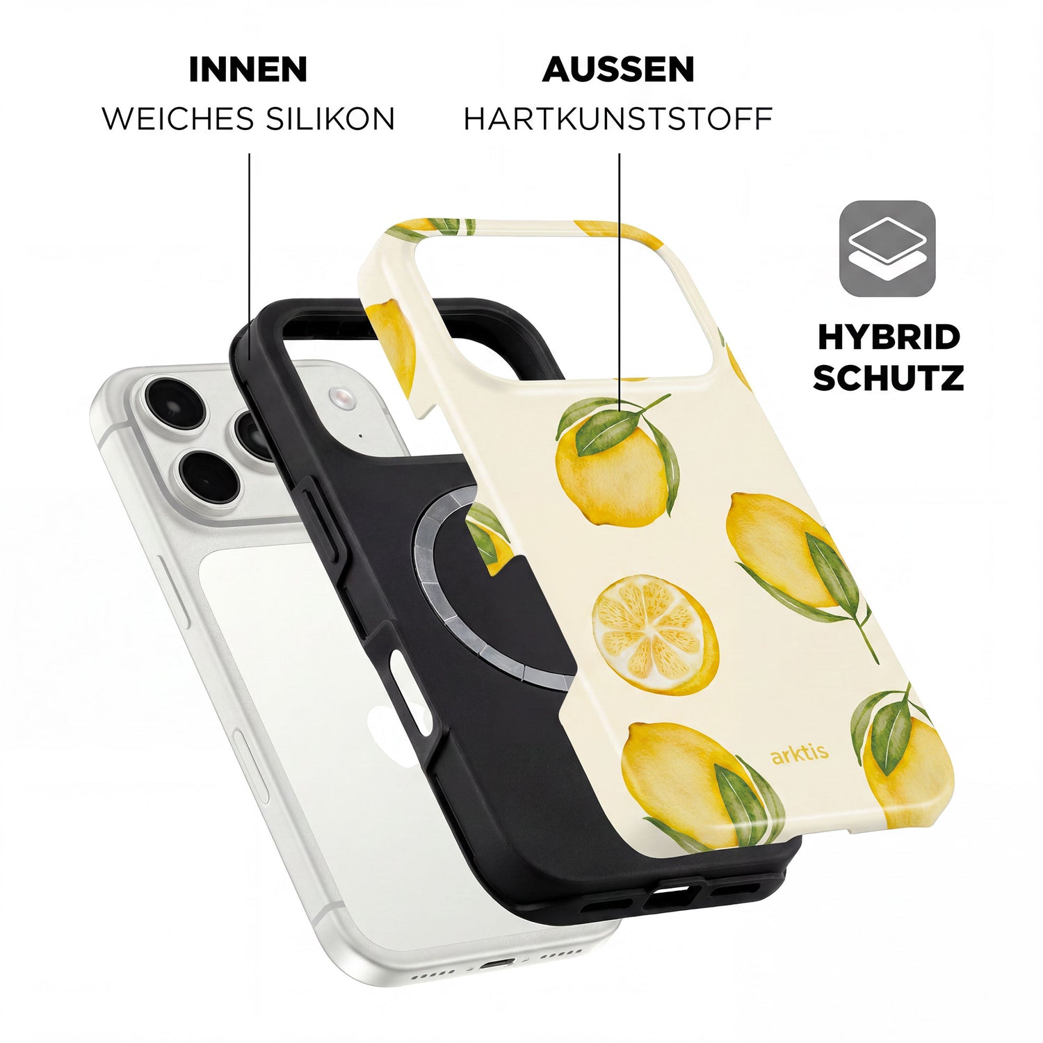 Explosionszeichnung der arktis iPhone 17 Pro Hülle - Lemon: mit stoßabsorbierender TPU-Silikon-Innenschicht, harter Außenschale und MagSafe-Kompatibilität.