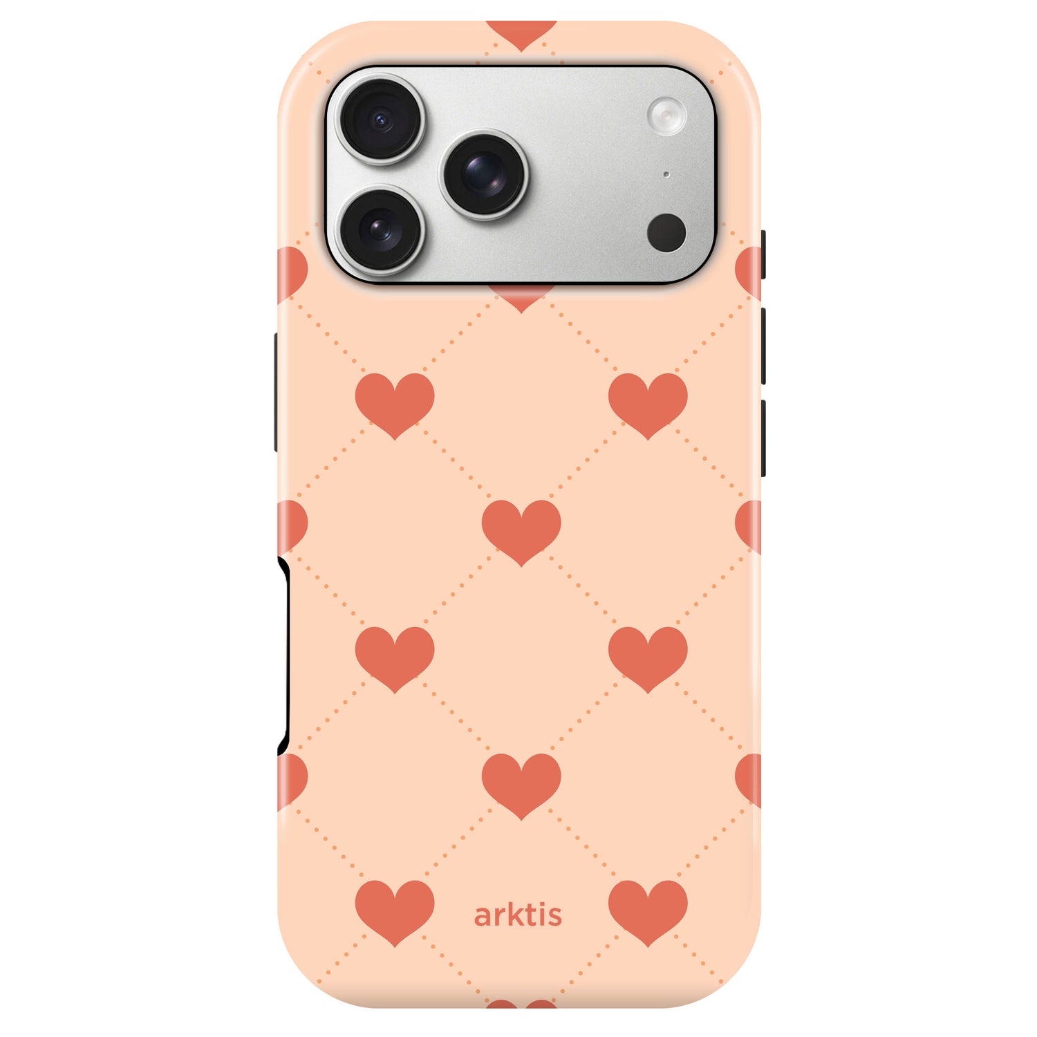 Die arktis iPhone 17 Pro Hülle - Love ist eine pfirsichfarbene, diamantgemusterte Hülle mit roten Herzen von arktis. Sie besteht aus stoßabsorbierendem TPU-Silikon, bietet Platz für drei Kameralinsen und ist MagSafe-kompatibel für bequemes Aufladen.