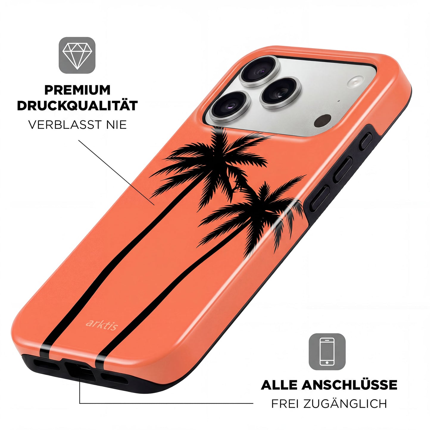 Arktis iPhone 17 Pro Hülle - Coral Coast: Stoßabsorbierende TPU-Silikon-Hülle mit schwarzem Palmen-Design, MagSafe-kompatibel, brillanter Druck und leicht zugängliche Anschlüsse.