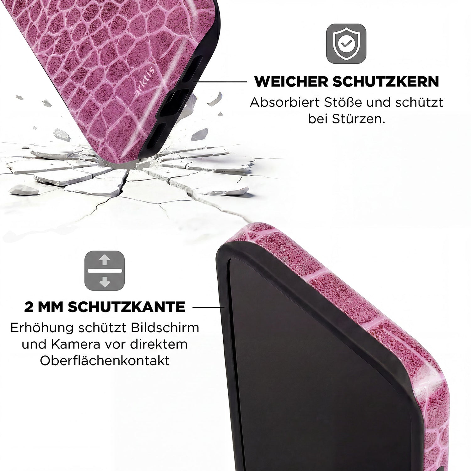 Die arktis iPhone 17 Pro Hülle - Pink Lizard hat schwarze Ränder, einen stoßabsorbierenden TPU-Silikonkern, ist MagSafe-kompatibel und hat einen 2 mm hohen Schutzrand.