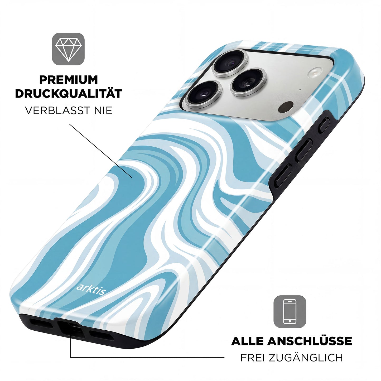 Die arktis iPhone 17 Pro Max Hülle - Blue Lagoon besticht durch lebhafte blaue und weiße Strudel, präzisen Portzugang, stoßabsorbierendes Design und MagSafe-Kompatibilität für einfaches Laden.