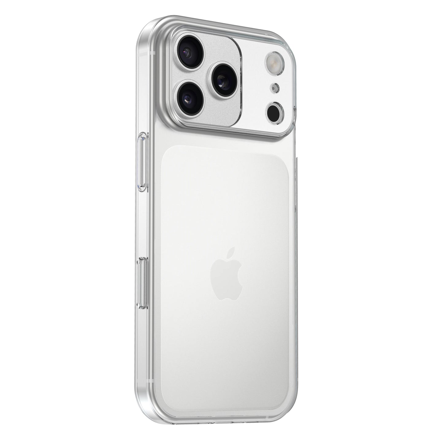 Ein silbernes arktis iPhone 17 Pro Max mit klarer TPU Silikon Hülle und drei rückwärtigen Kameras, von hinten und leicht von oben betrachtet - die ideale Ergänzung für Ihr arktis iPhone 17 Pro Max Sparpaket.