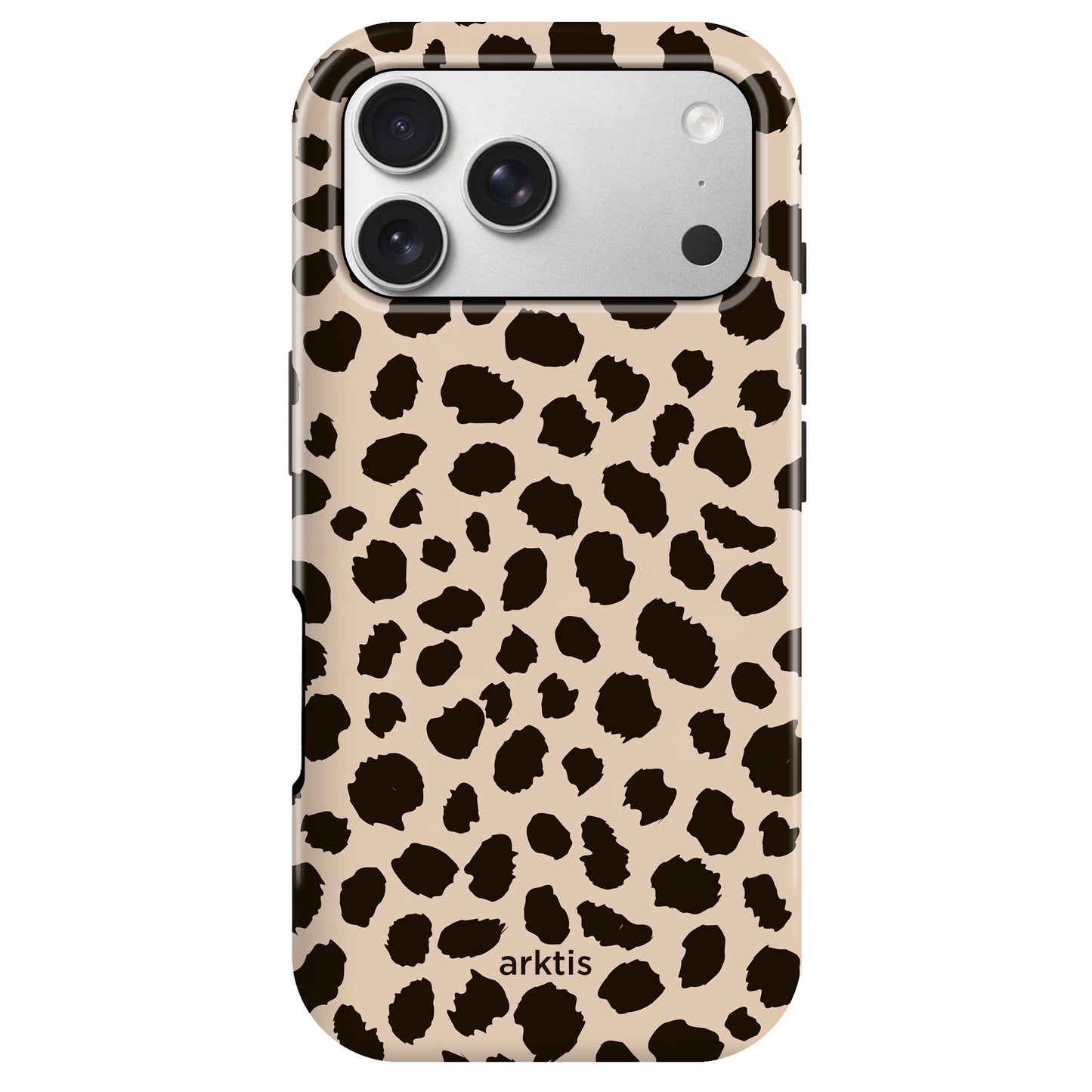 Die arktis iPhone 17 Pro Hülle - Cheetah verfügt über einen beigen und schwarzen Leopardenprint, arktis Branding, stoßabsorbierendes TPU-Silikon und ist MagSafe-kompatibel für stilvollen Schutz.
