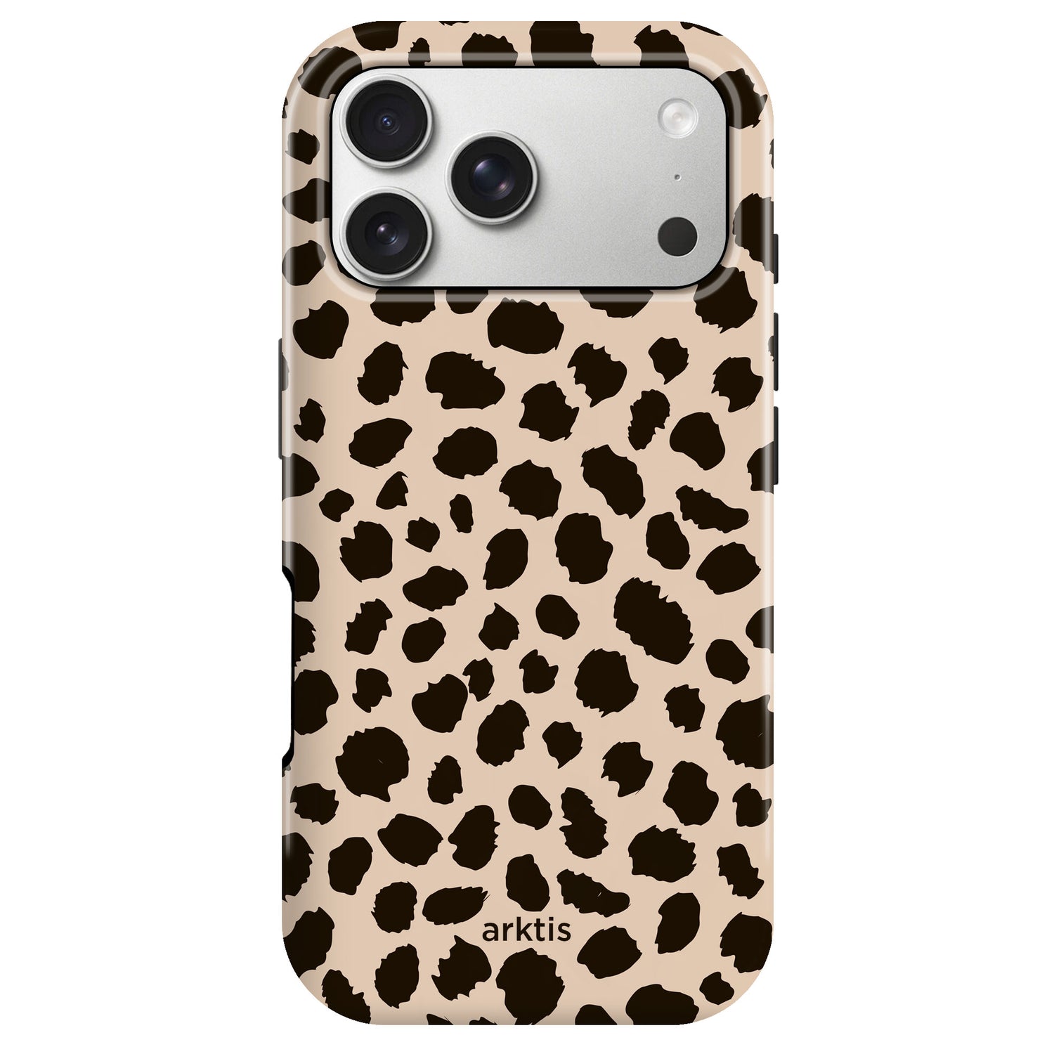 Die arktis iPhone 17 Pro Hülle - Cheetah verfügt über einen beigen und schwarzen Leopardenprint, arktis Branding, stoßabsorbierendes TPU-Silikon und ist MagSafe-kompatibel für stilvollen Schutz.