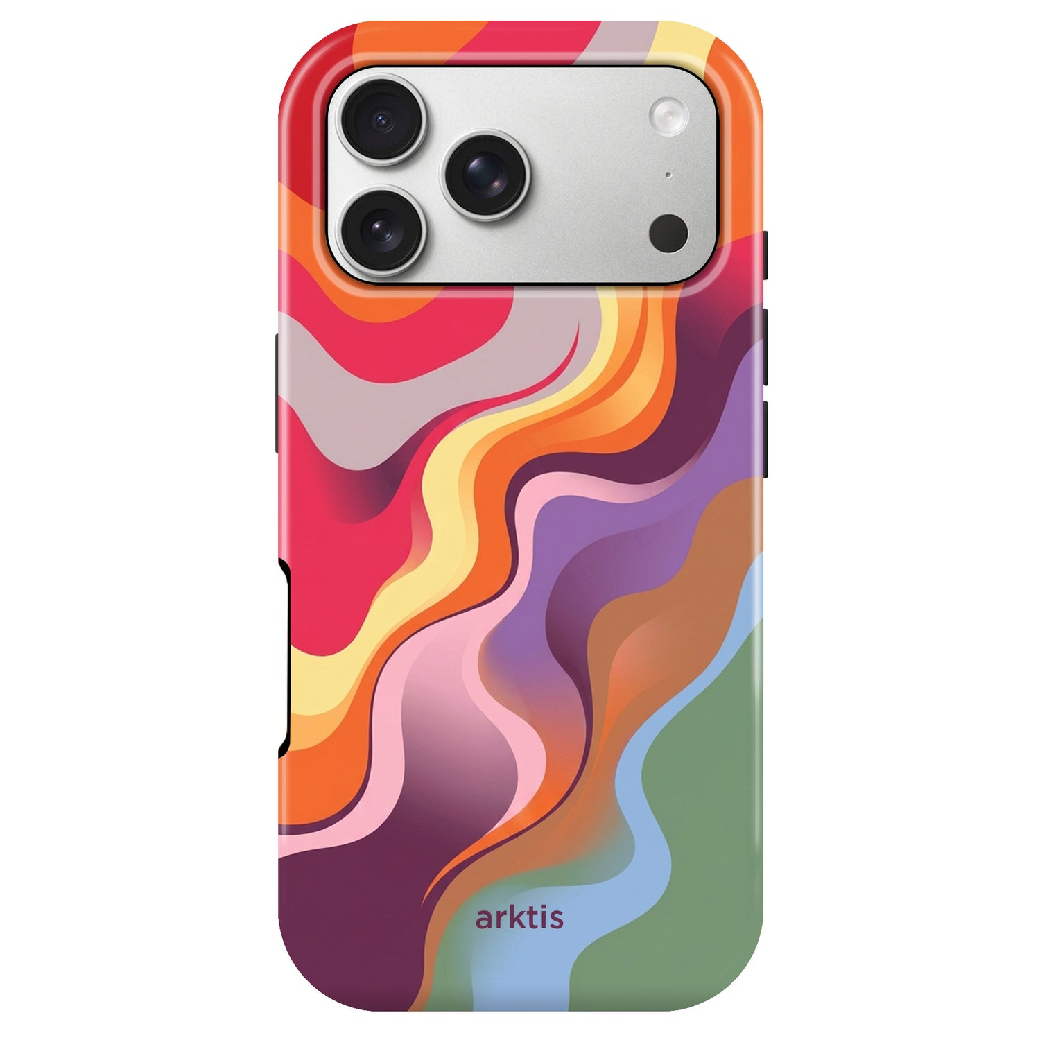 Die arktis iPhone 17 Pro Hülle - Happy Life ist eine Mischung aus kräftigen Wellenmustern in Rot, Orange, Lila, Grün und Blau. Stoßabsorbierend und MagSafe kompatibel - stilvoller Schutz von arktis!.