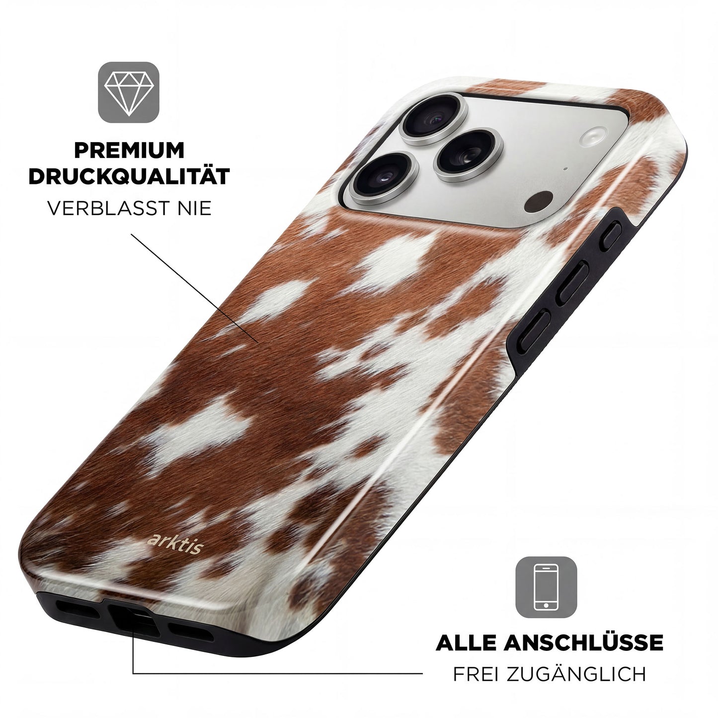 Die arktis iPhone 17 Pro Max Hülle - Cow zeichnet sich durch ein braunes und weißes Kuhfellmuster, hochwertige Druckqualität, offene Anschlüsse und stoßabsorbierendes TPU-Silikon aus. MagSafe kompatibel und hergestellt von arktis.