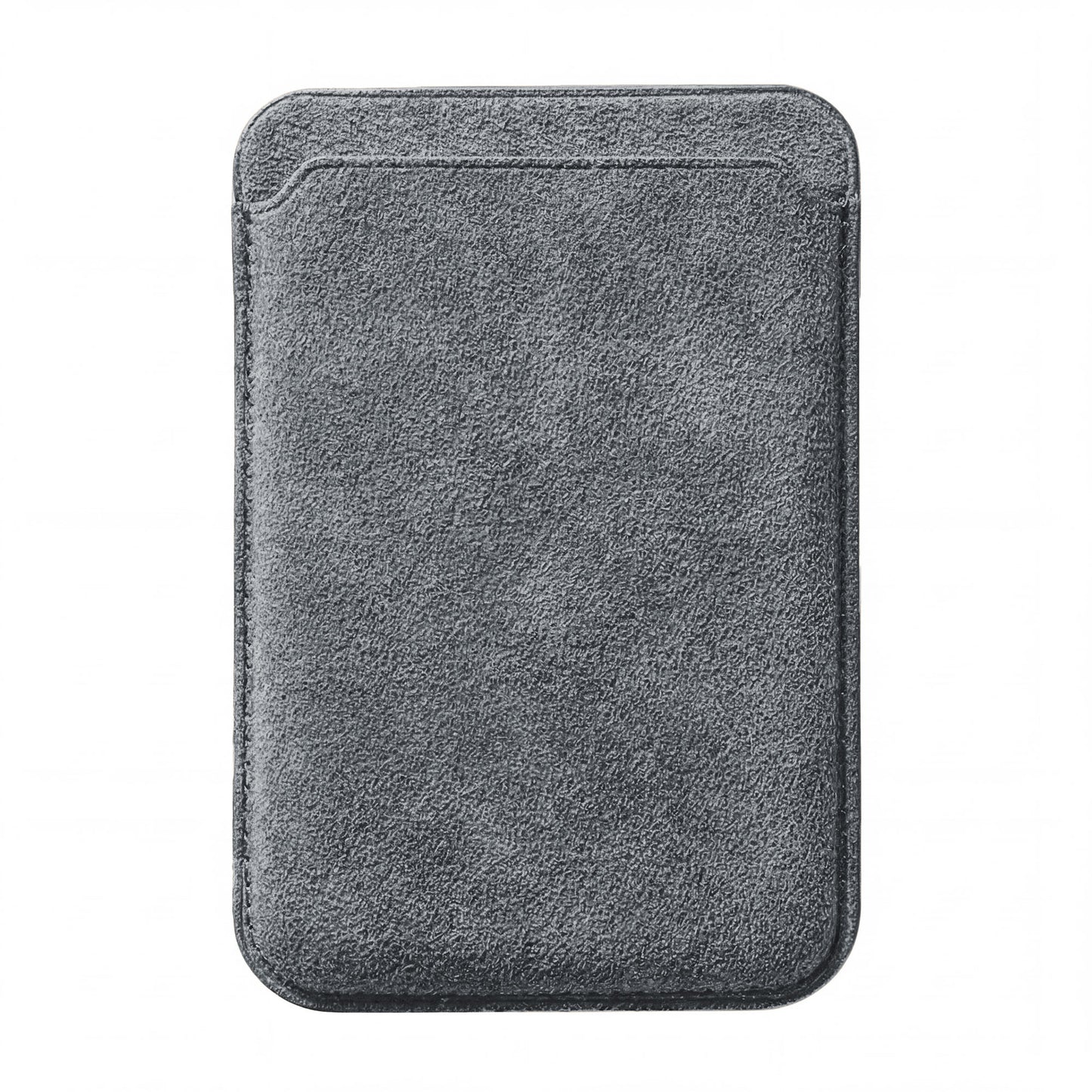 Der arktis iPhone MagSafe Kartenhalter aus Alcantara von arktis ist ein grauer, rechteckiger Kartenhalter mit abgerundeten Ecken, gefertigt aus italienischem Alcantara, abgebildet auf einem weißen Hintergrund.
