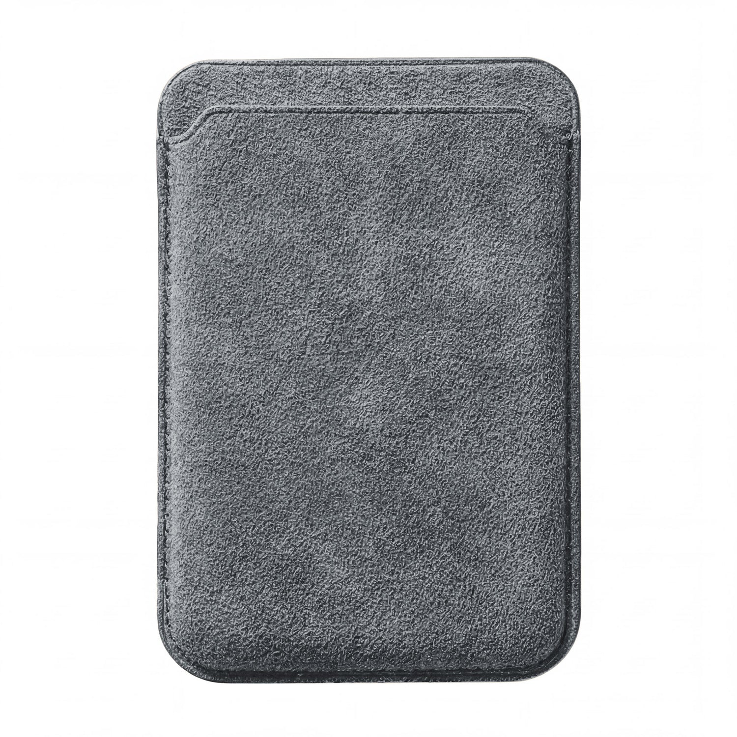 Der arktis iPhone MagSafe Kartenhalter aus Alcantara von arktis ist ein grauer, rechteckiger Kartenhalter mit abgerundeten Ecken, gefertigt aus italienischem Alcantara, abgebildet auf einem weißen Hintergrund.