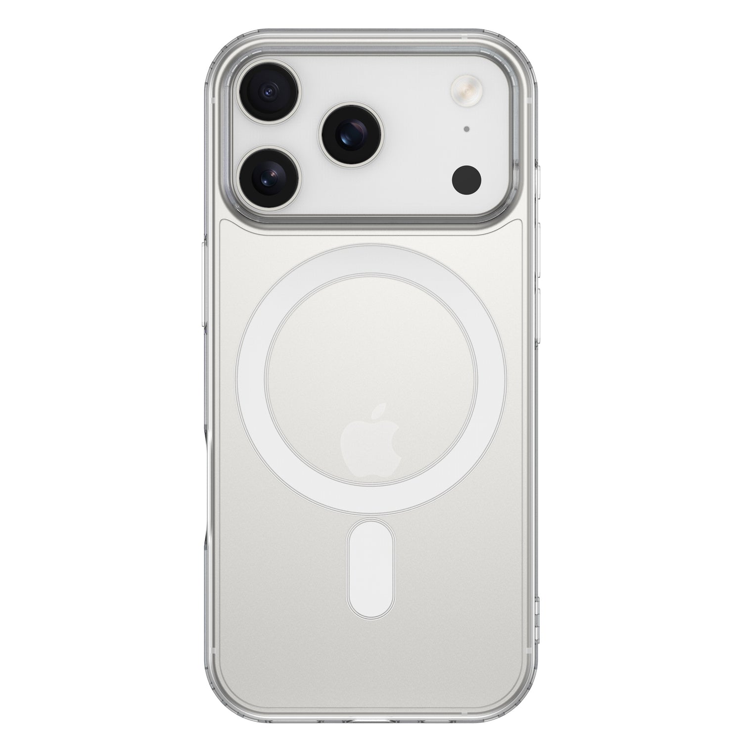 Die arktis iPhone 17 Pro Max PureCase mit MagSafe von arktis ist eine transparente Hülle, die das Apple-Logo und den Magnetring sichtbar lässt - perfekt für Ihr silbernes iPhone mit drei Kameras.