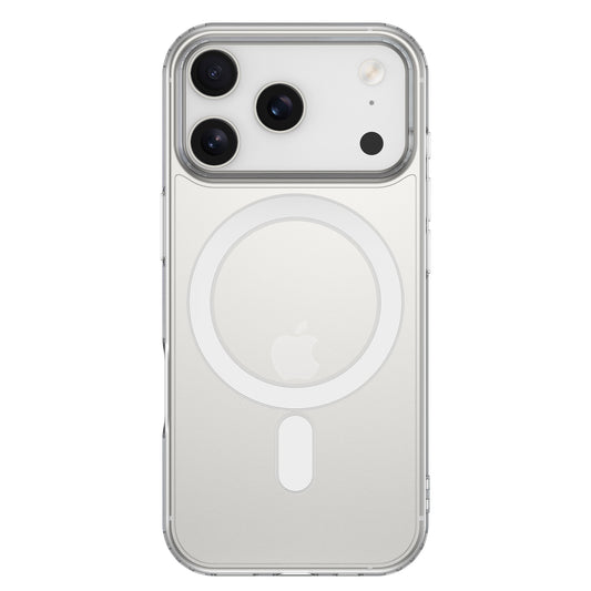 Ein silbernes iPhone mit Dreifach-Kameras im arktis iPhone 17 Pro PureCase mit MagSafe, einer transparenten, stoßfesten Hülle mit Apple-Logo.