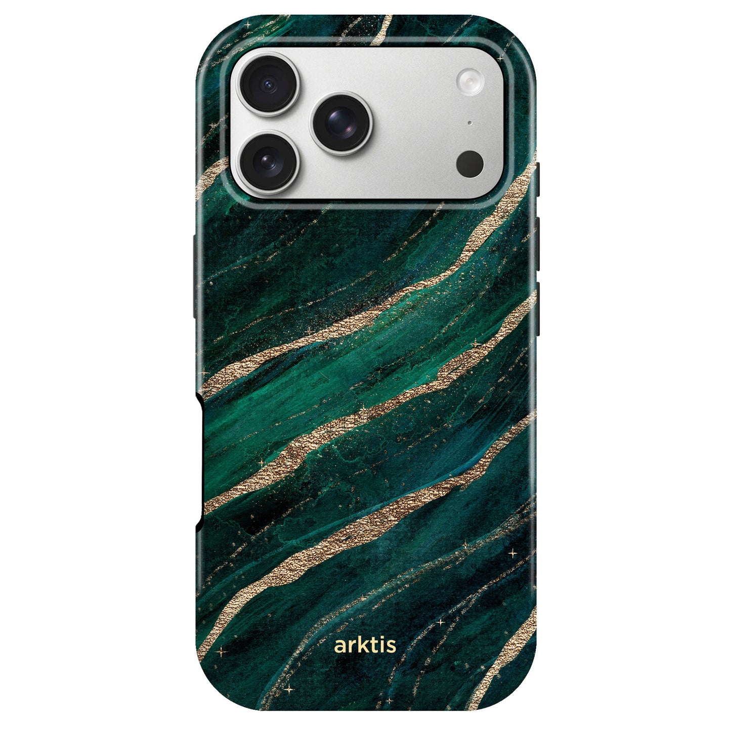 Die arktis iPhone 17 Pro Hülle - Green Marble überzeugt mit dunkelgrün-goldenem Marmor-Design, stoßabsorbierendem TPU-Silikon, MagSafe-Kompatibilität und dezentem arktis-Branding am unteren Rand.