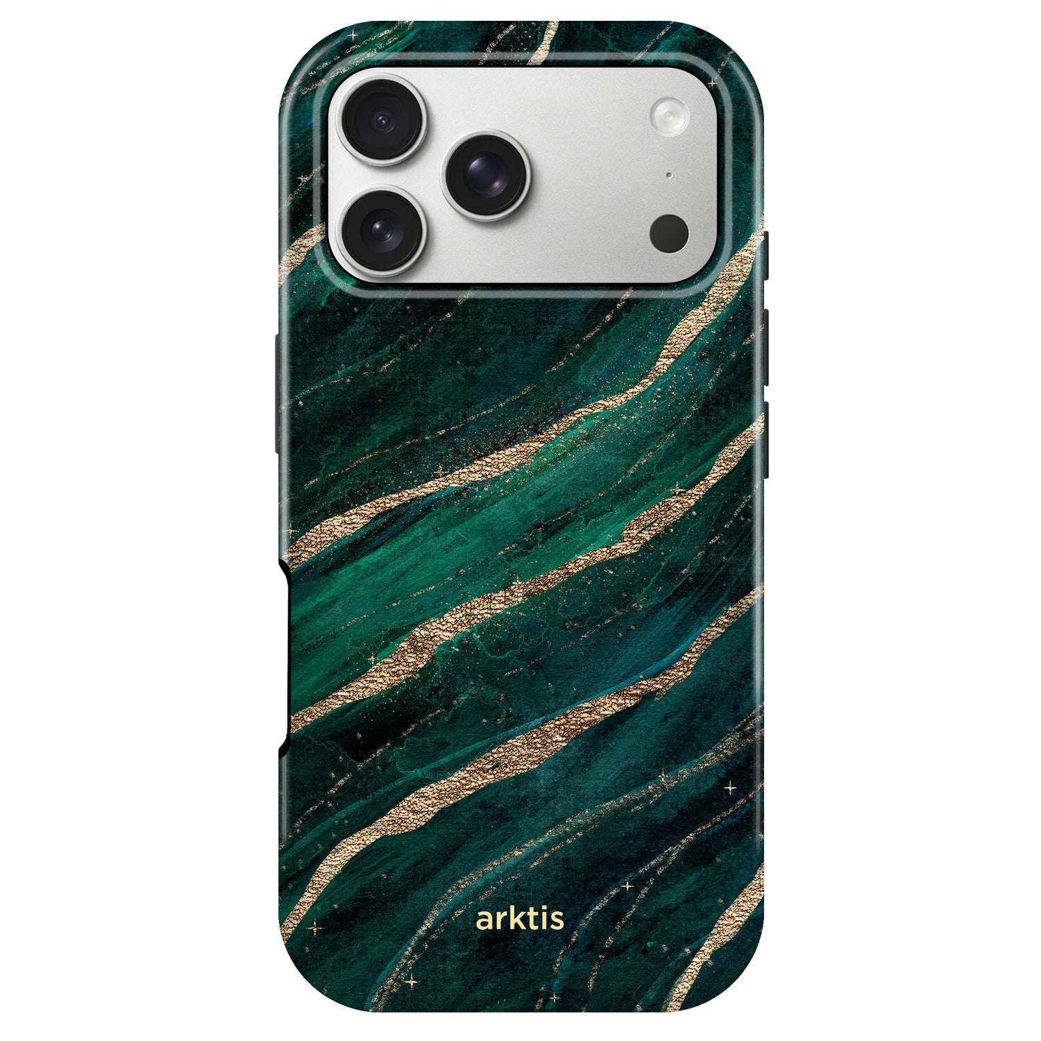 Die arktis iPhone 17 Pro Hülle - Green Marble überzeugt mit dunkelgrün-goldenem Marmor-Design, stoßabsorbierendem TPU-Silikon, MagSafe-Kompatibilität und dezentem arktis-Branding am unteren Rand.