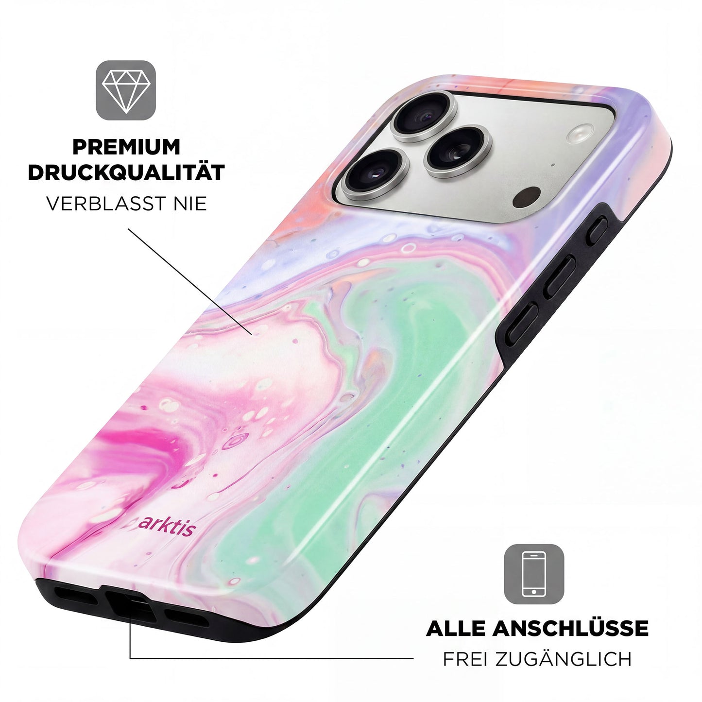 Die arktis iPhone 15 Pro Hülle - Neo Marble zeichnet sich durch ein pastellfarbenes Design aus, ist aus stoßabsorbierendem TPU-Silikon gefertigt, MagSafe kompatibel, hat zugängliche Anschlüsse und bietet eine hervorragende Druckqualität.