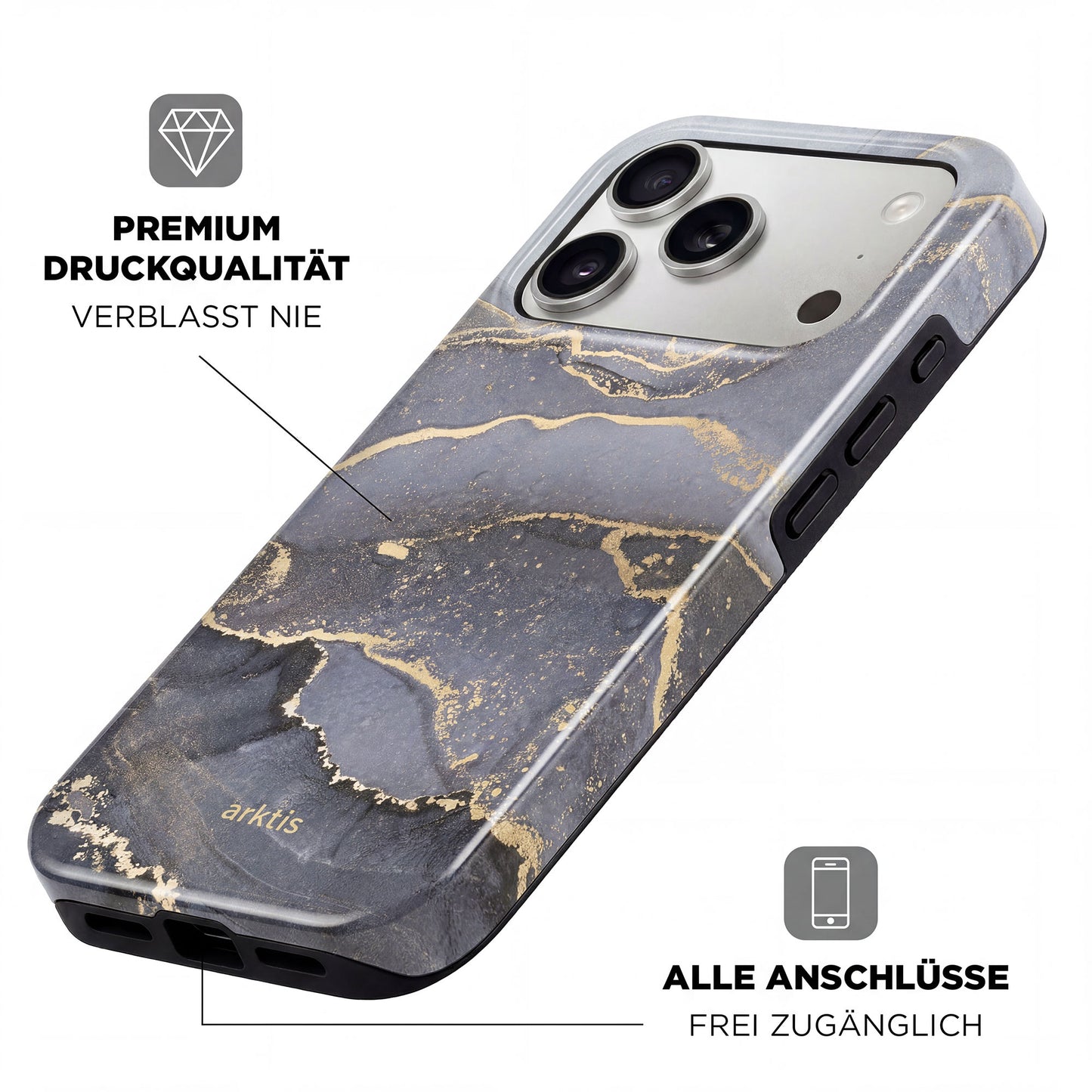Die arktis iPhone 16 Hülle - Dusty Marble bietet ein marmoriertes Schwarz-Gold-Design, stoßabsorbierendes TPU-Silikon, MagSafe-Kompatibilität und zeigt Kameraausschnitt sowie leicht zugängliche Ports mit deutschen Beschriftungen.