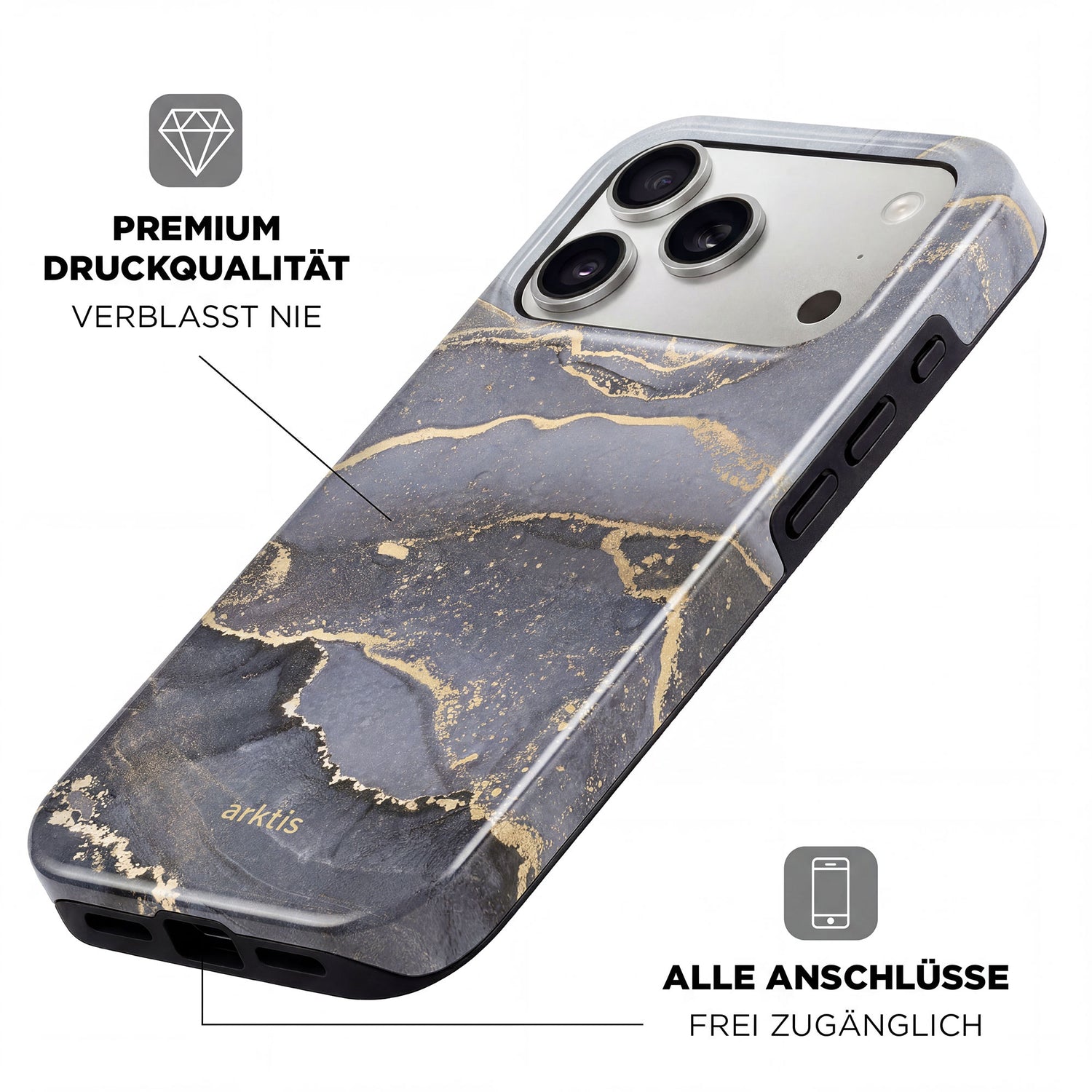 Die arktis iPhone 16 Hülle - Dusty Marble bietet ein marmoriertes Schwarz-Gold-Design, stoßabsorbierendes TPU-Silikon, MagSafe-Kompatibilität und zeigt Kameraausschnitt sowie leicht zugängliche Ports mit deutschen Beschriftungen.