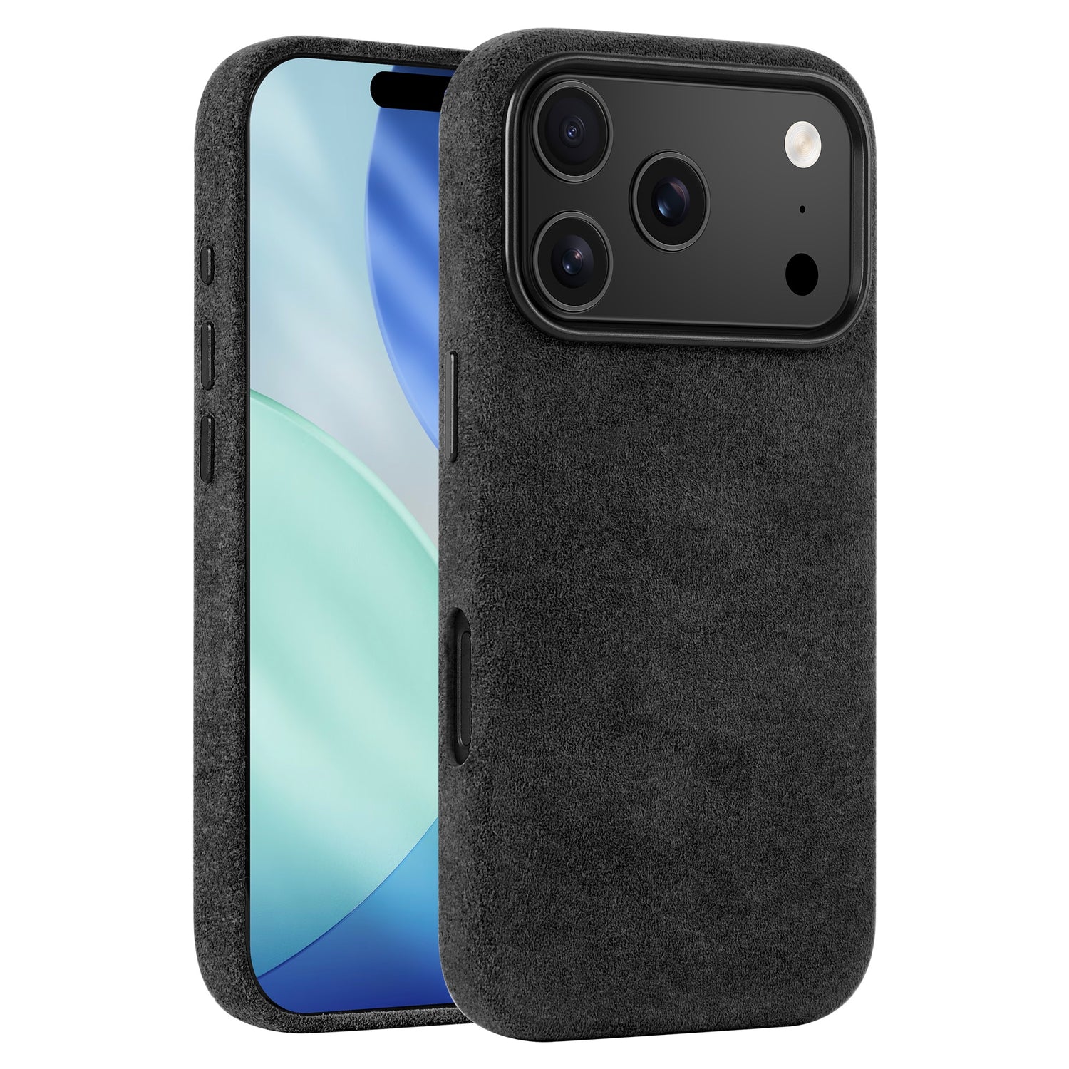Die arktis iPhone 17 Pro Hülle aus Alcantara ist eine in Italien gefertigte, schwarz strukturierte Premium-Hülle, die das Frontdisplay und die rückwärtige Dreifach-Kamera zur Geltung bringt.