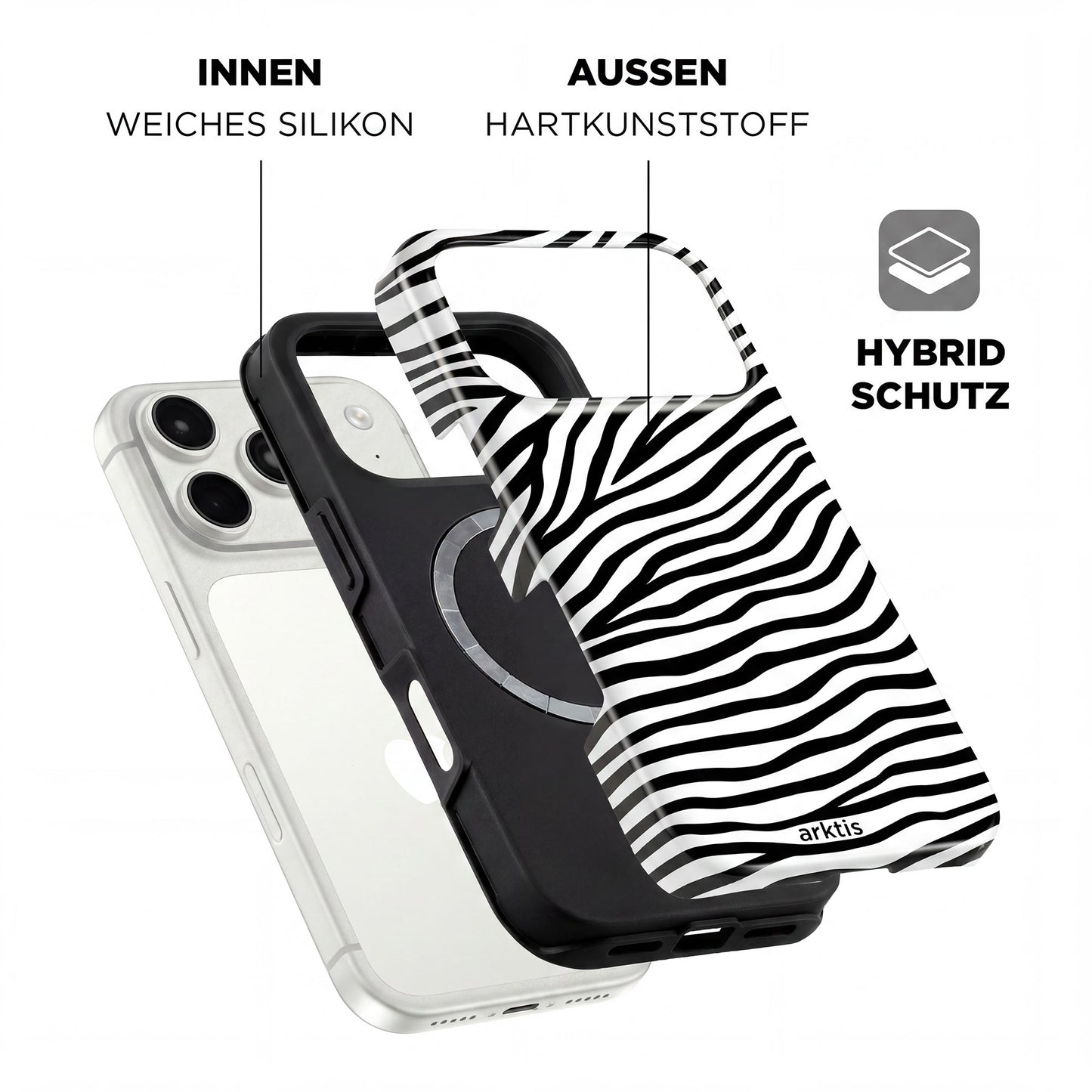 Die Explosionszeichnung der arktis iPhone 17 Pro Hülle - Zebra zeigt stoßabsorbierendes TPU-Silikon im Inneren, robusten Kunststoff außen und MagSafe-Kompatibilität für einfaches Aufladen.