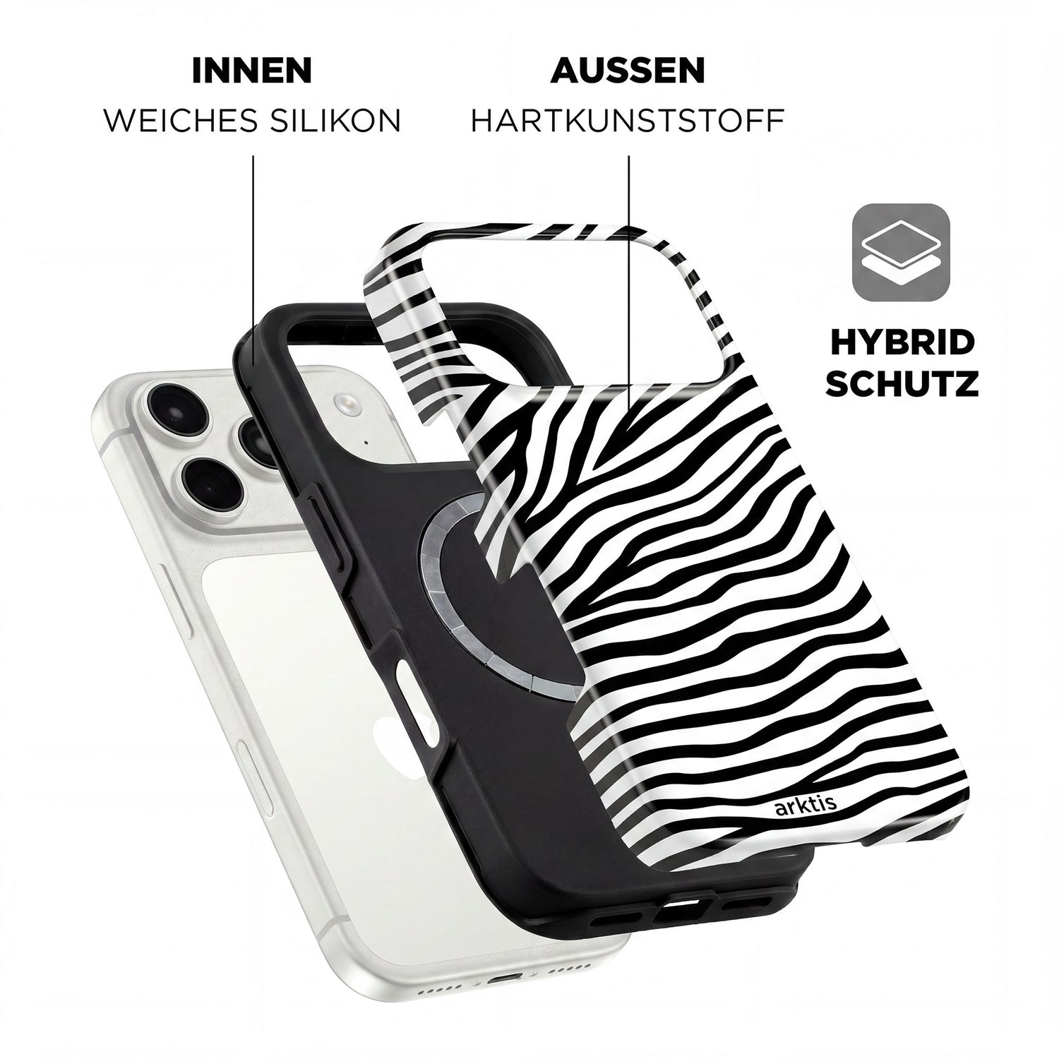 Die Explosionszeichnung der arktis iPhone 17 Pro Hülle - Zebra zeigt stoßabsorbierendes TPU-Silikon im Inneren, robusten Kunststoff außen und MagSafe-Kompatibilität für einfaches Aufladen.