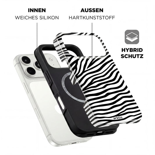 Die Explosionszeichnung der arktis iPhone 17 Pro Hülle - Zebra zeigt stoßabsorbierendes TPU-Silikon im Inneren, robusten Kunststoff außen und MagSafe-Kompatibilität für einfaches Aufladen.