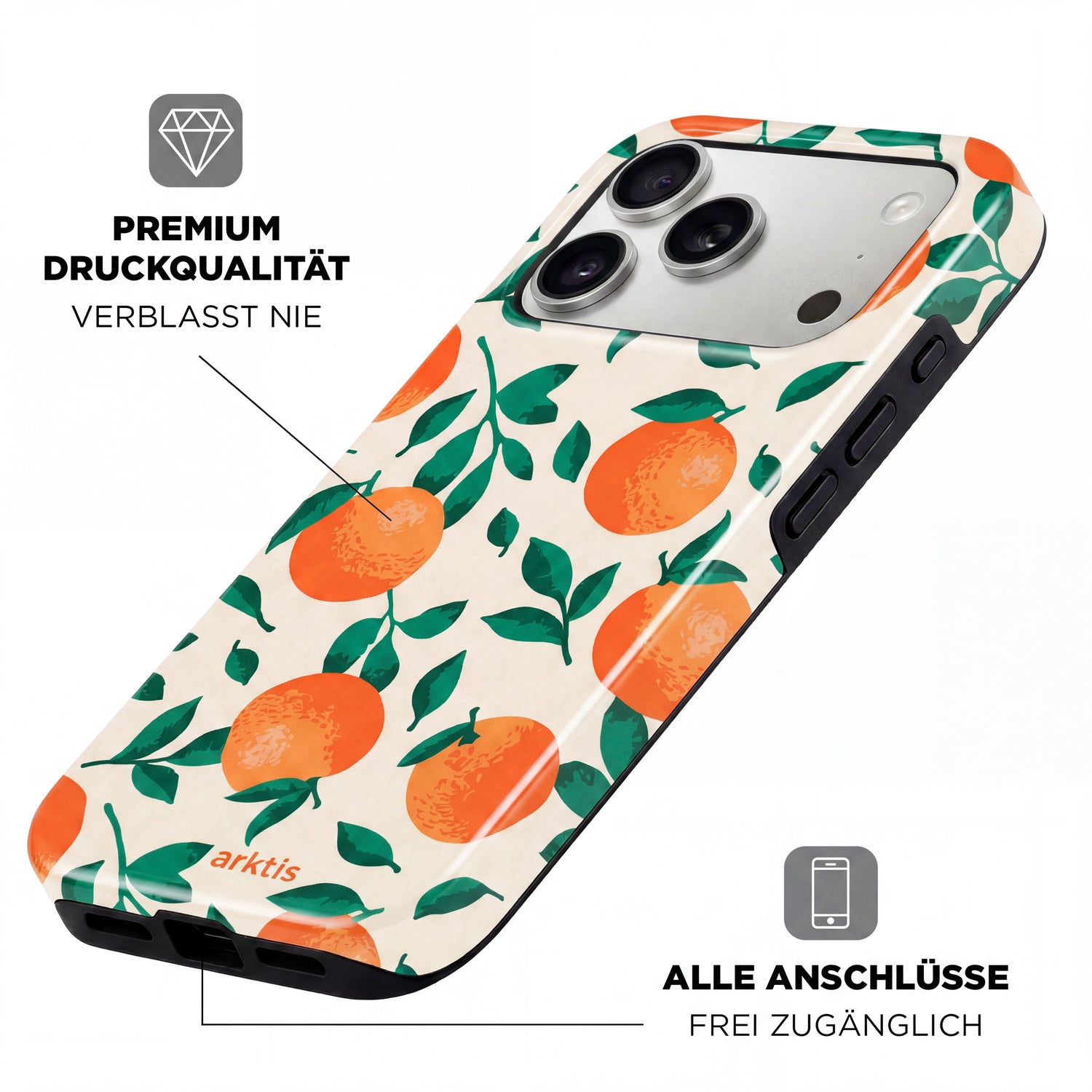 Die arktis iPhone 15 Pro Max Hülle - Orange Tree überzeugt mit orangefarbenem Fruchtmuster, stoßabsorbierendem TPU-Silikon, hochwertigem Druck und frei zugänglichen Ports. MagSafe-kompatibel für bequemes Laden.
