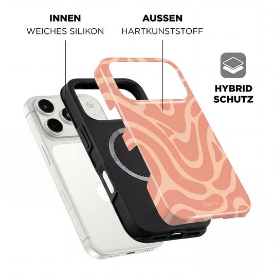 Die Explosionszeichnung der arktis iPhone 17 Pro Max Hülle - Curly zeigt eine weiche, stoßabsorbierende Silikon-Innenseite und eine Hartplastik-Außenseite für hybriden Schutz; MagSafe kompatibel.