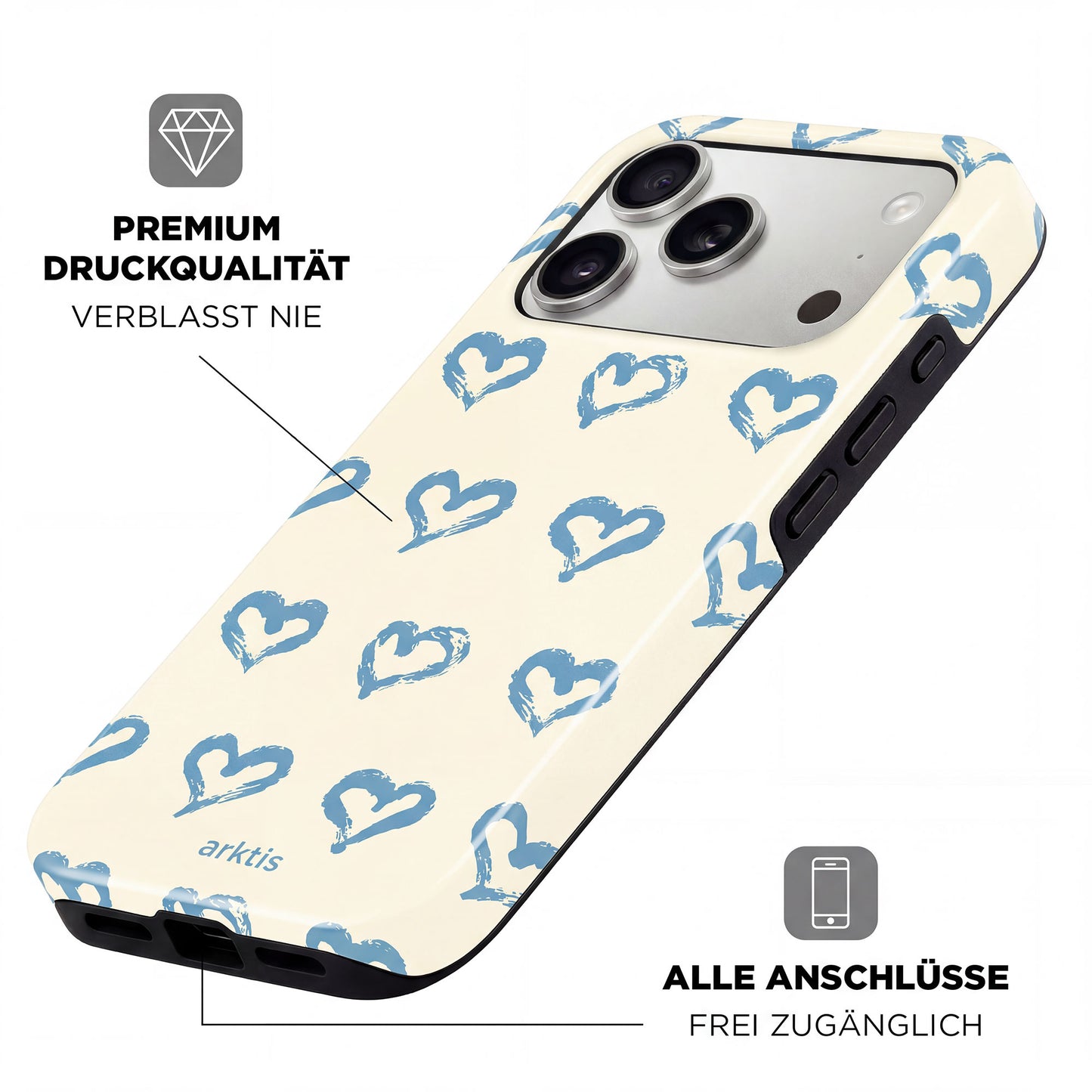 Die arktis iPhone 17 Pro Max Hülle - Blue Hearts überzeugt mit stoßabsorbierendem TPU-Silikon, freiem Zugang zu allen Anschlüssen und hochwertigem Premium-Druck im blauen Herzdesign.