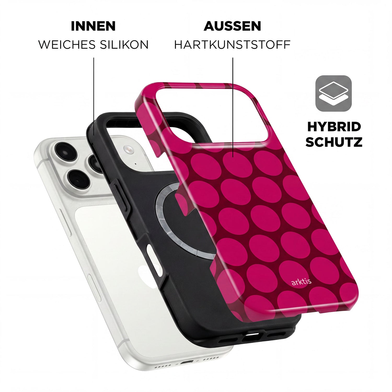 Explosionszeichnung der arktis iPhone 17 Pro Max Hülle - Polka Dots, mit MagSafe-kompatiblen, stoßabsorbierenden TPU-Silikon-Innenschichten und Hartkunststoffschichten von arktis.