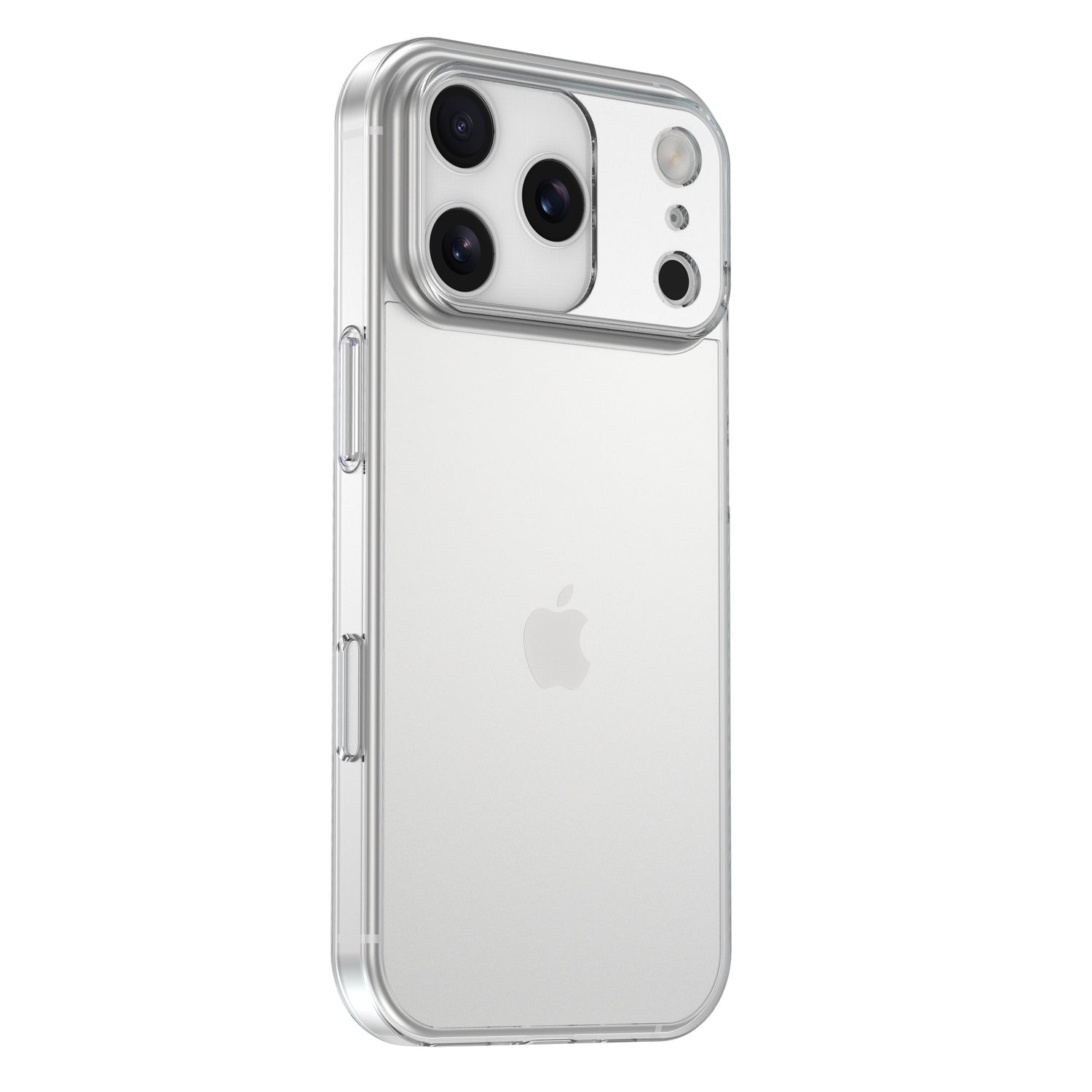 Das arktis iPhone 17 Pro Invisible Air Case ist eine transparente TPU-Silikonhülle, die die drei rückwärtigen Kameras des silbernen iPhones und das Apple-Logo sichtbar macht und gleichzeitig stoßfesten Schutz bietet, ohne den Stil des Telefons zu verdecken.
