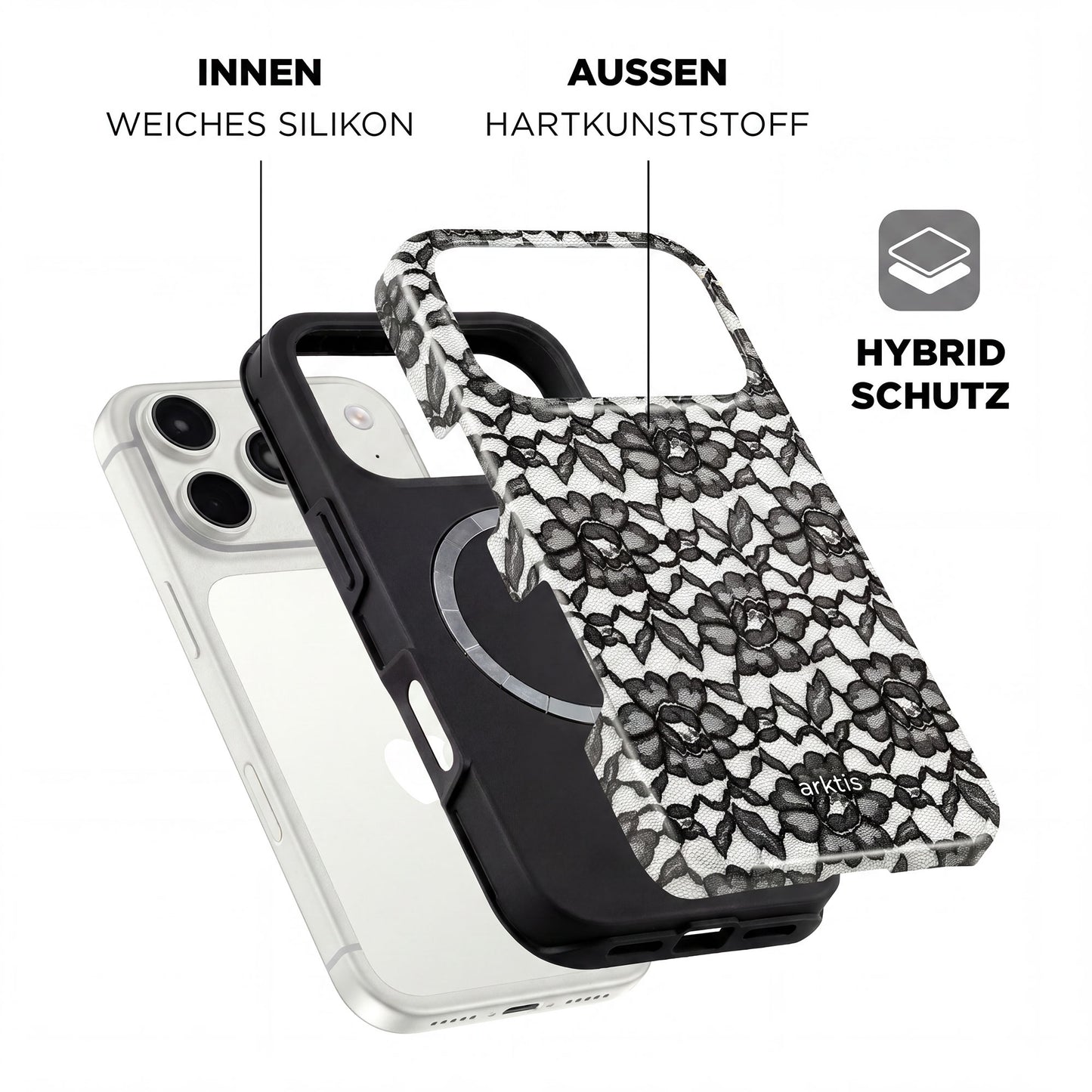 Die arktis iPhone 17 Pro Hülle - Dark Rose bietet ein schwarzes Spitzendesign, hybride TPU-Silikon- und Hartplastikschichten zum Schutz, MagSafe-Kompatibilität und stilvolle Sicherheit von arktis.