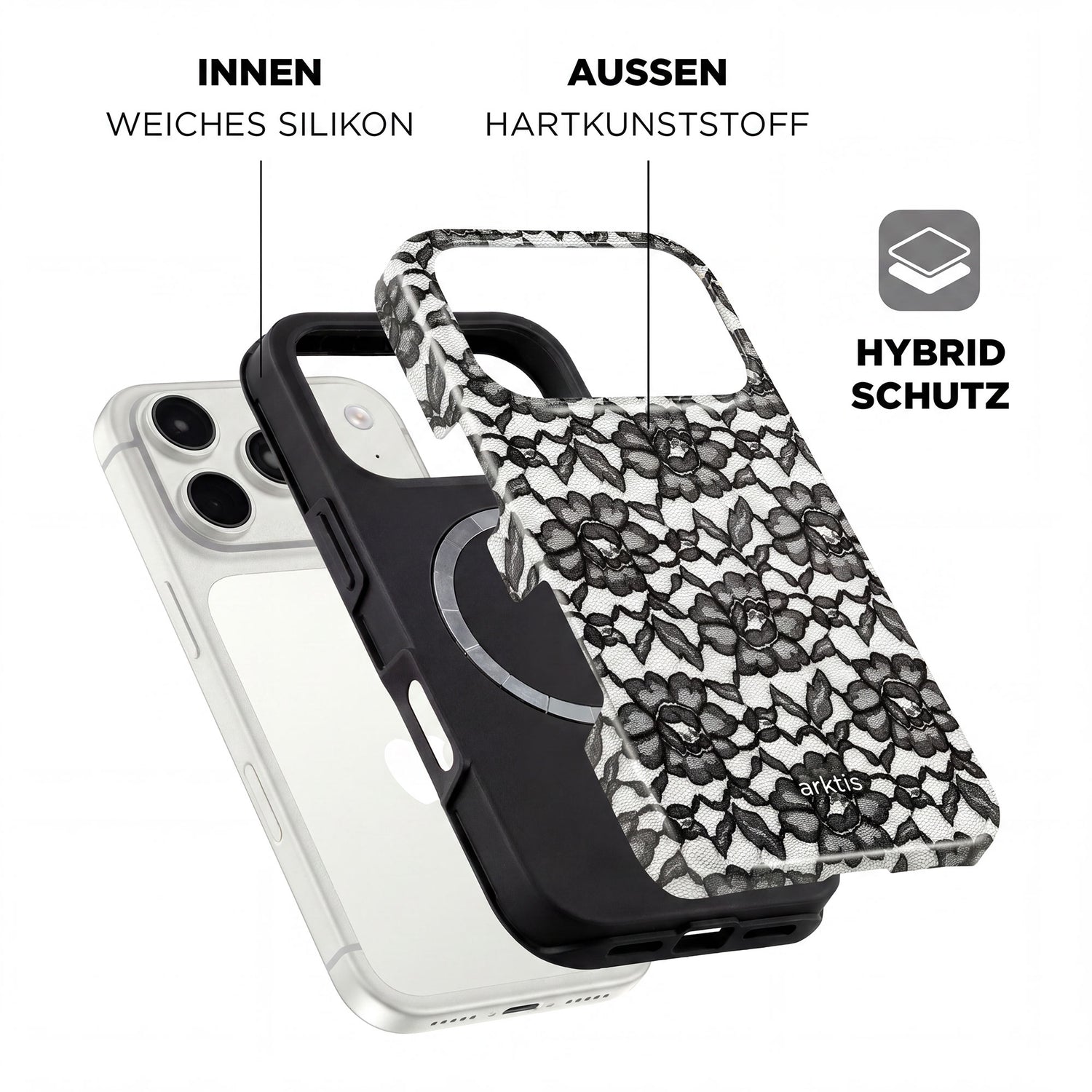 Die arktis iPhone 17 Pro Hülle - Dark Rose bietet ein schwarzes Spitzendesign, hybride TPU-Silikon- und Hartplastikschichten zum Schutz, MagSafe-Kompatibilität und stilvolle Sicherheit von arktis.