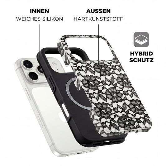 Die arktis iPhone 17 Pro Hülle - Dark Rose bietet ein schwarzes Spitzendesign, hybride TPU-Silikon- und Hartplastikschichten zum Schutz, MagSafe-Kompatibilität und stilvolle Sicherheit von arktis.