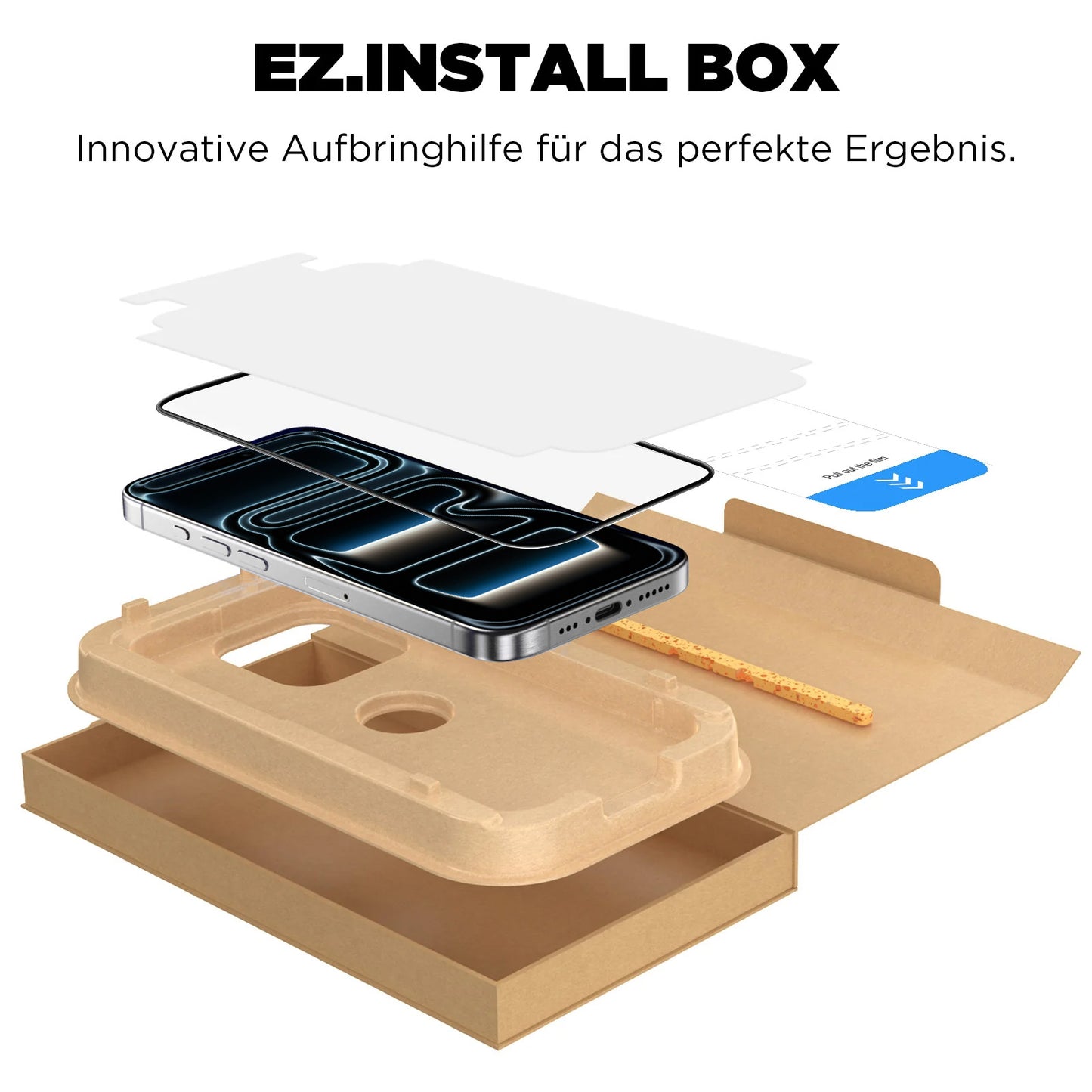 Das arktis 2er Set iPhone 17 Pro REVOLUTION Glas-Displayschutz mit EZ.INSTALL Box, Smartphone-Halterung und Ausrichtungswerkzeug macht das Anbringen Ihres arktis Displayschutzes einfach und präzise.