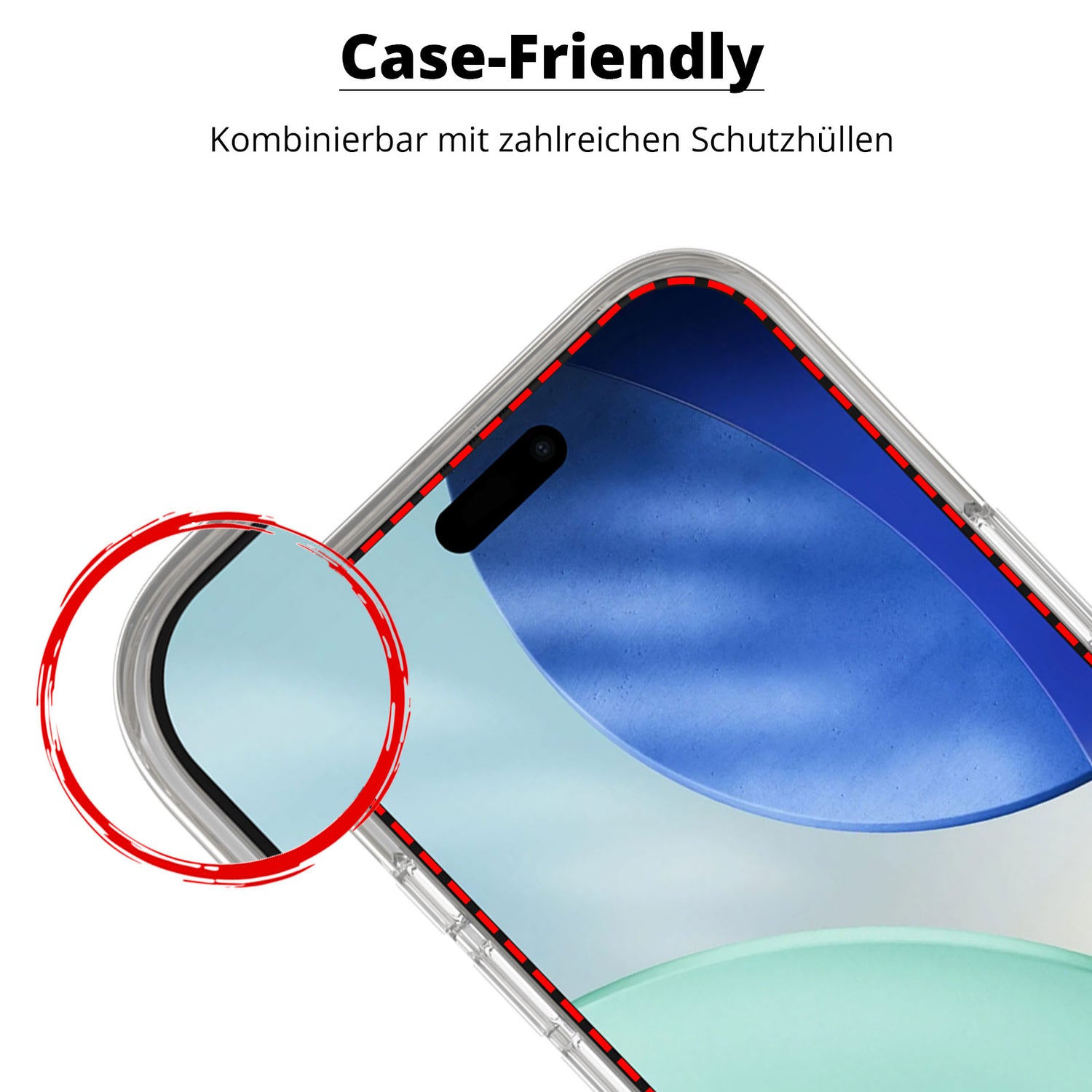 Ein iPhone mit der arktis iPhone Air MATT Displayschutzfolie - Staubfrei ohne Blasen und einer Klarsichthülle, die mit roten gestrichelten Linien die präzise, gehäusefreundliche Passform der Marke illustriert.