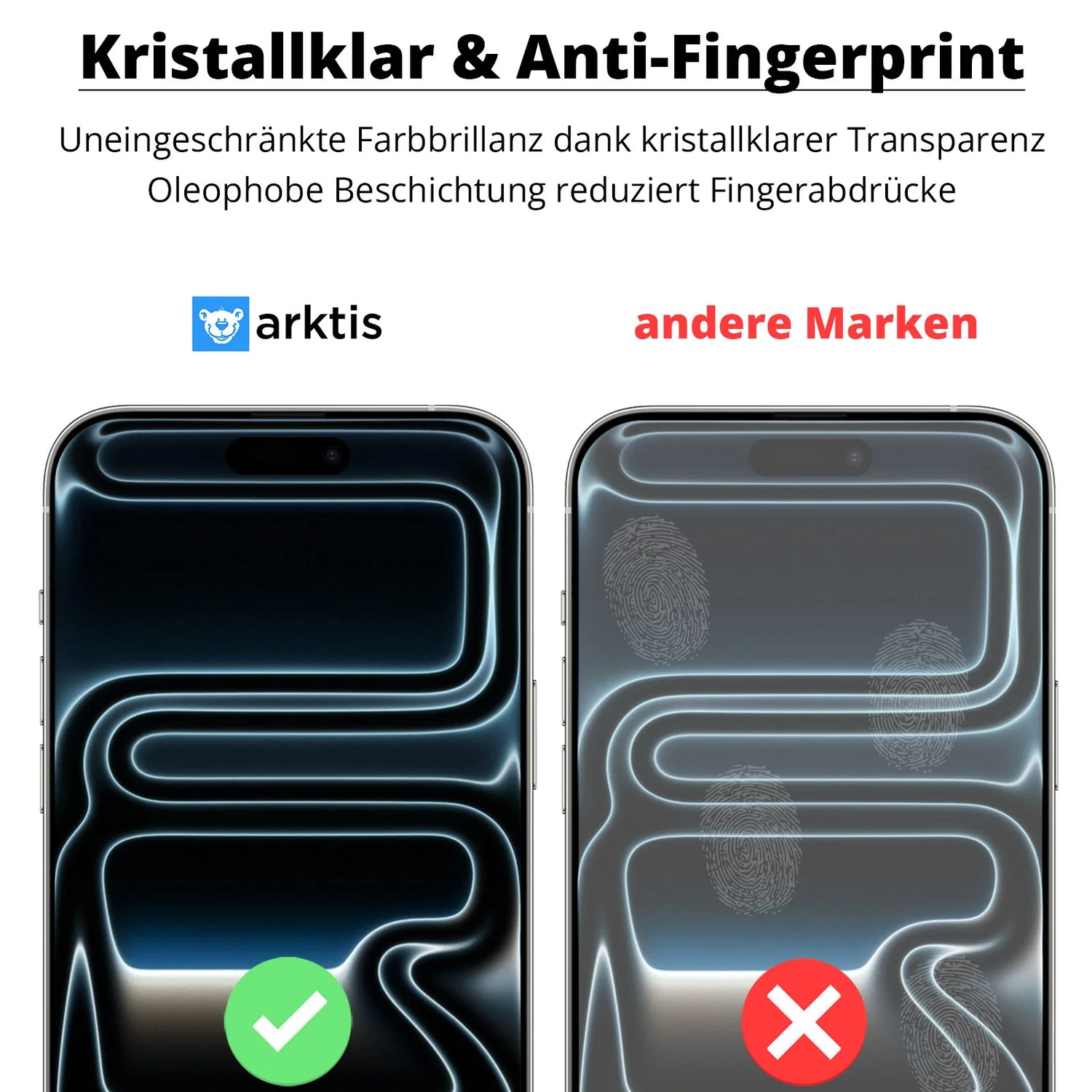 Zwei Smartphones: das linke mit einem makellosen, wischfreien Display, geschützt durch das arktis iPhone 17 Pro Sparpaket, das rechte mit sichtbaren Fingerabdrücken. Halten Sie Ihr Gerät makellos mit diesem All-in-One-Set von arktis.