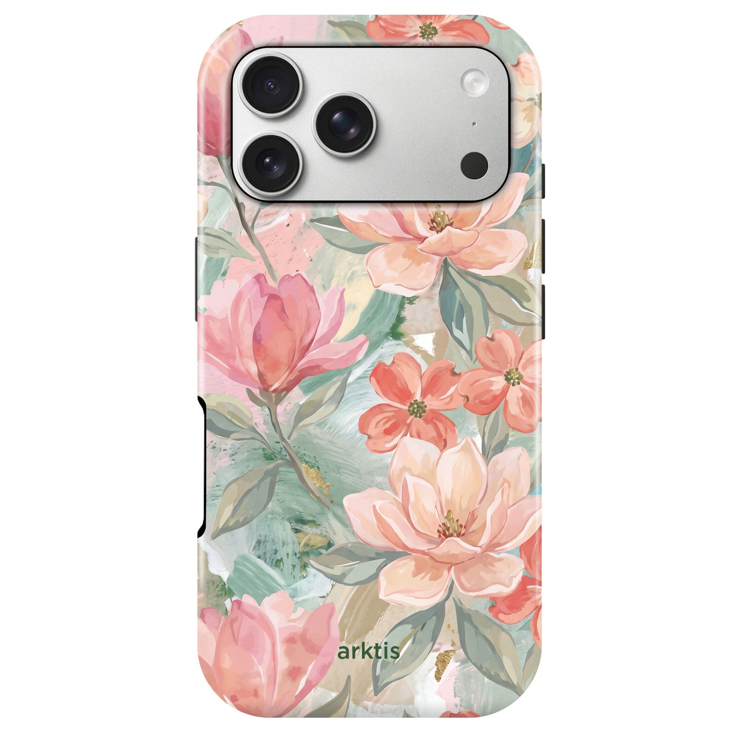 Die arktis iPhone 17 Pro Hülle - Pastel Flowers ist eine MagSafe-kompatible Handyhülle mit rosa und pfirsichfarbenem Blumendesign aus stoßabsorbierendem TPU-Silikon, mit dem arktis-Logo auf der Unterseite.