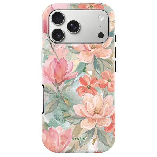 Die arktis iPhone 17 Pro Hülle - Pastel Flowers ist eine MagSafe-kompatible Handyhülle mit rosa und pfirsichfarbenem Blumendesign aus stoßabsorbierendem TPU-Silikon, mit dem arktis-Logo auf der Unterseite.
