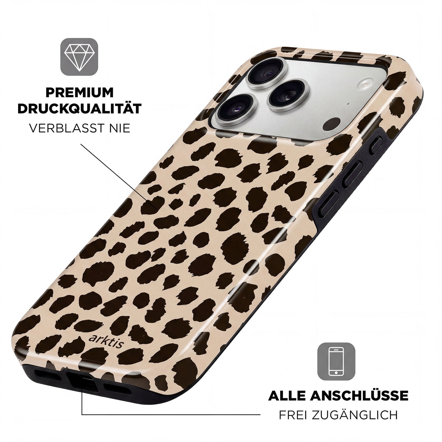 Die arktis iPhone 17 Pro Max Hülle - Cheetah von arktis überzeugt mit schwarzem Animal-Print auf Beige, MagSafe-Kompatibilität, stoßabsorbierendem Schutz, präzisen Cutouts für alle Ports und hochwertigem Premium-Print-Design.