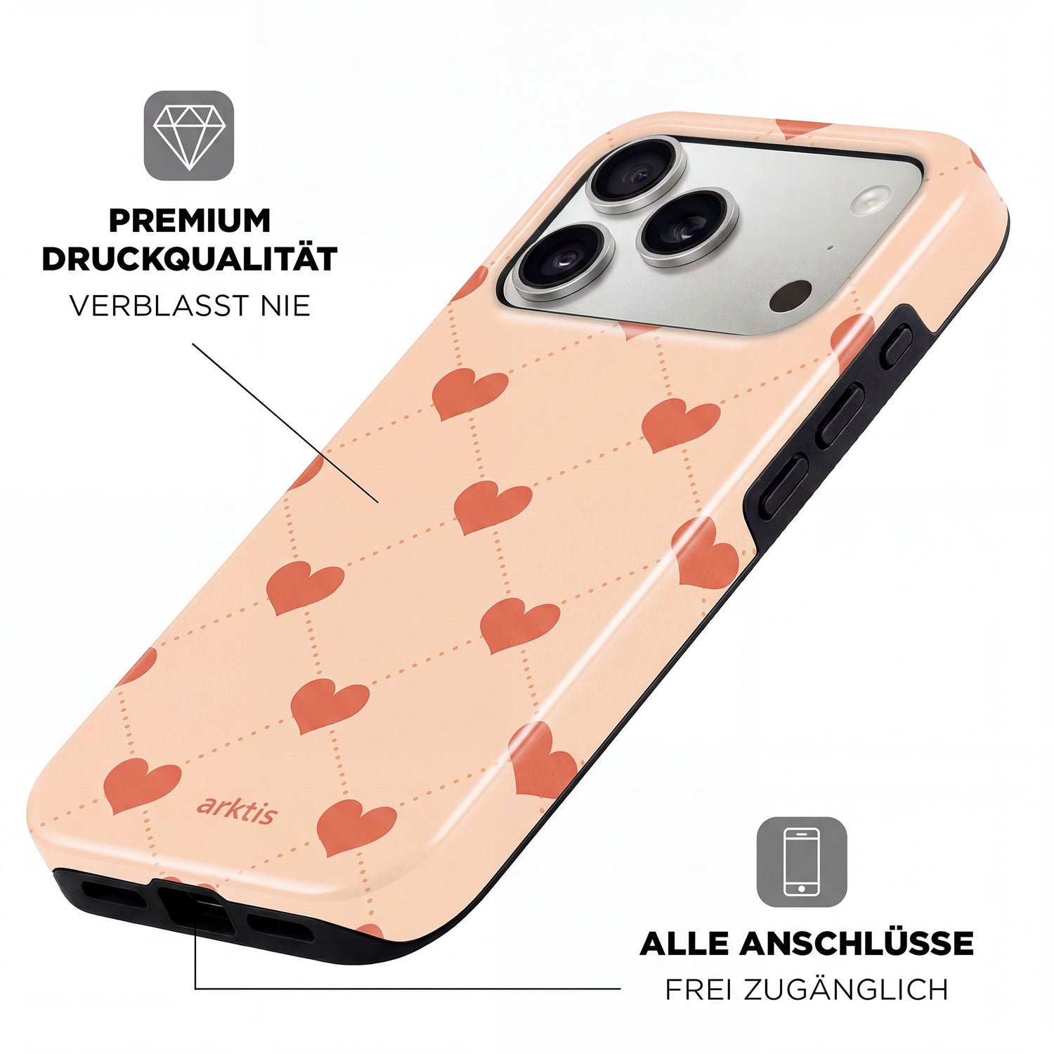 Arktis iPhone 17 Pro Max Hülle - Love: Peach Case mit roten Herzen, stoßabsorbierendem TPU-Silikon, MagSafe-kompatibel, zugängliche Anschlüsse und hochwertiger Druck. Deutsche Beschriftung betont die Features.