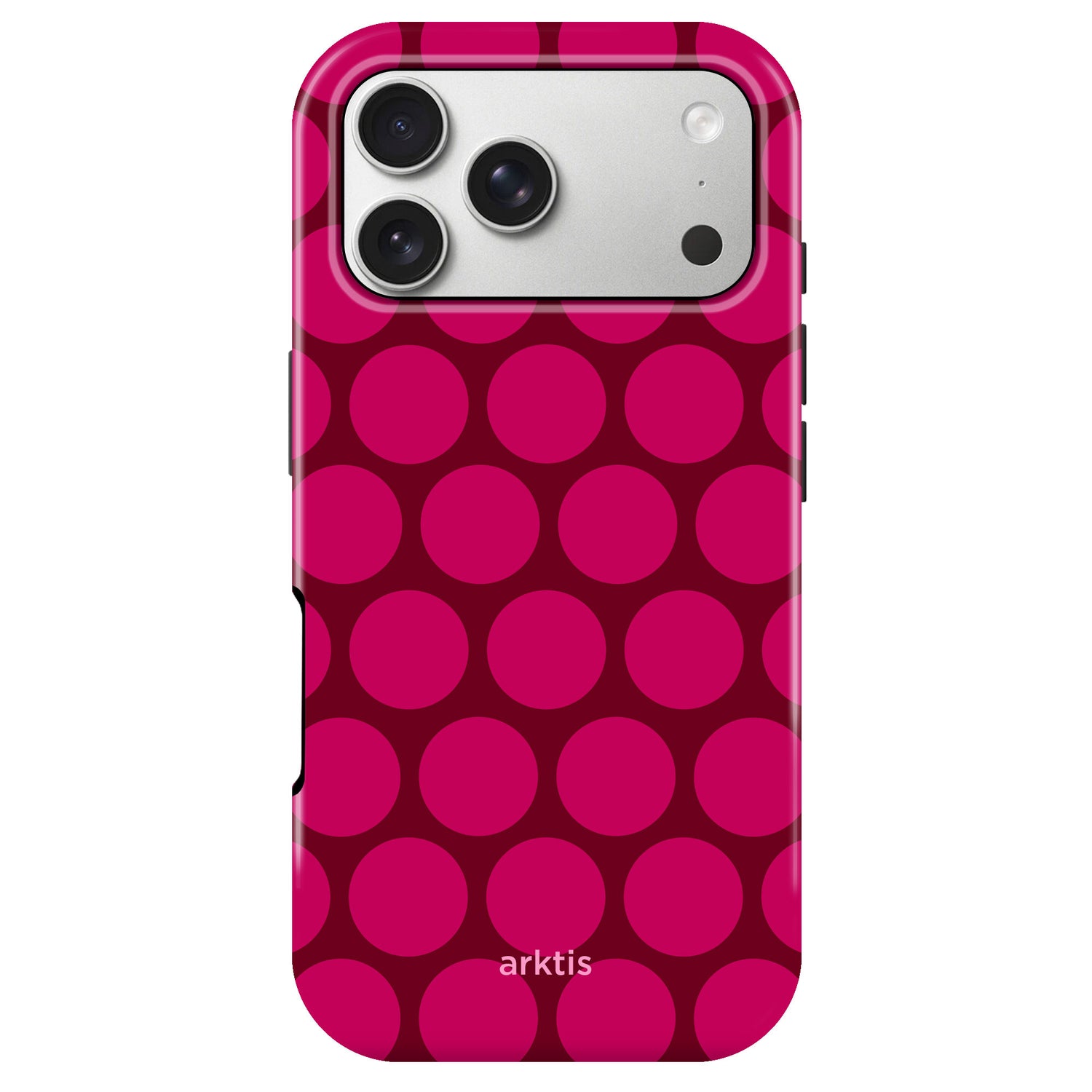 Die arktis iPhone 17 Pro Hülle - Polka Dots verfügt über ein rotes und magentafarbenes Polka-Dot-Design, stoßabsorbierendes TPU-Silikon und das arktis-Logo für stilvollen Schutz Ihres iPhone 17 Pro.