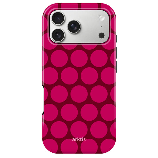 Die arktis iPhone 17 Pro Hülle - Polka Dots verfügt über ein rotes und magentafarbenes Polka-Dot-Design, stoßabsorbierendes TPU-Silikon und das arktis-Logo für stilvollen Schutz Ihres iPhone 17 Pro.