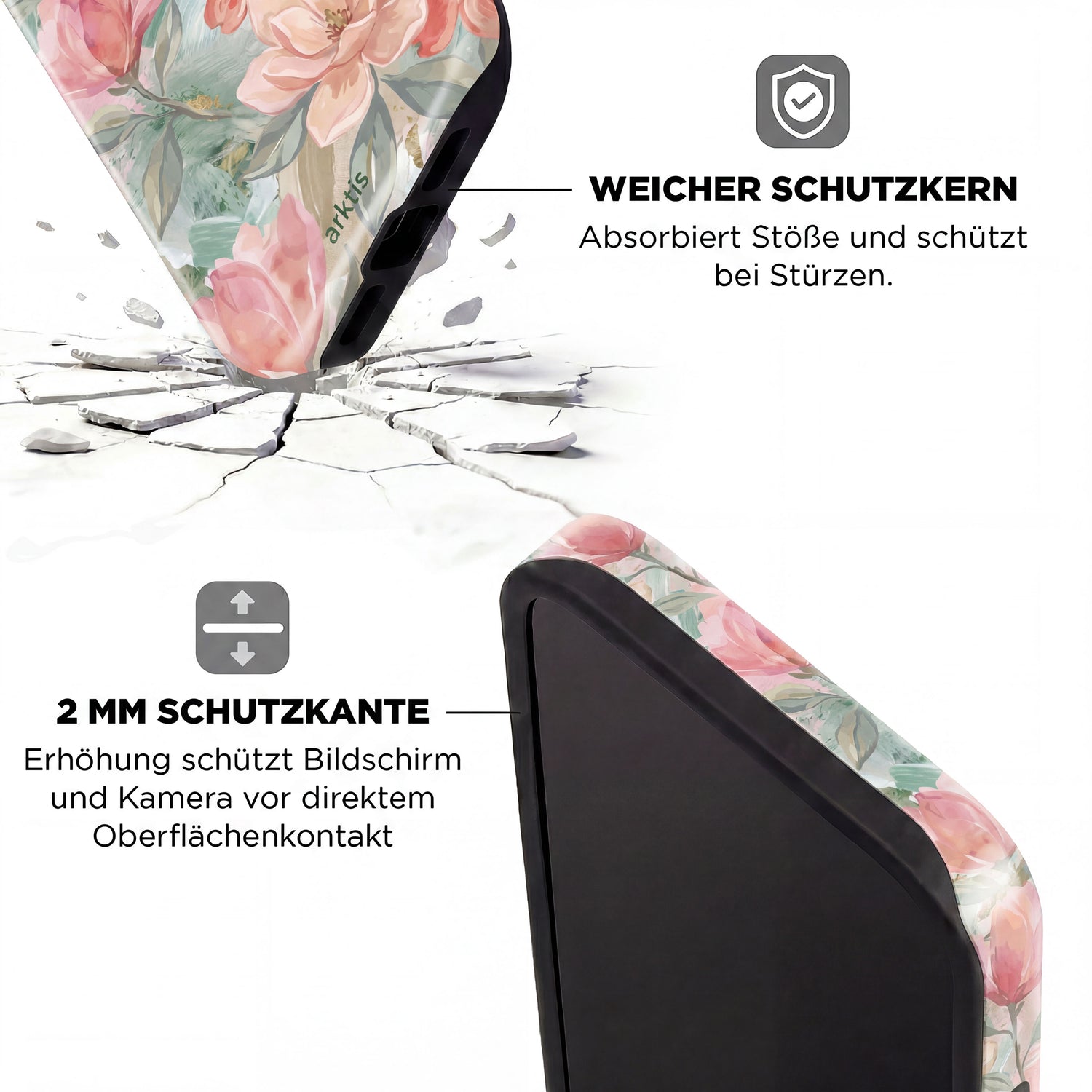 Die arktis iPhone 15 Pro Max Hülle - Pastel Flowers verfügt über stoßabsorbierendes TPU-Silikon, einen erhöhten 2mm Schutzrand, ist MagSafe kompatibel und schützt Ihr Telefon, wenn es auf eine rissige Oberfläche trifft.