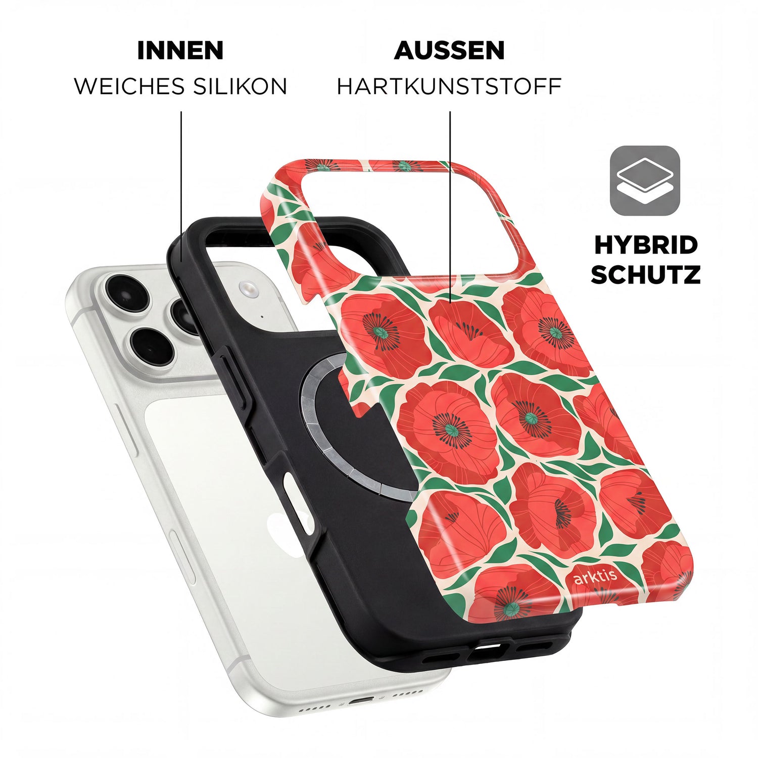 Explosionszeichnung der arktis iPhone 17 Pro Hülle - Summer Garden von arktis, mit rotem Blumendesign, stoßdämpfender TPU-Silikon-Innenschicht, harter Außenschale und MagSafe-Kompatibilität.